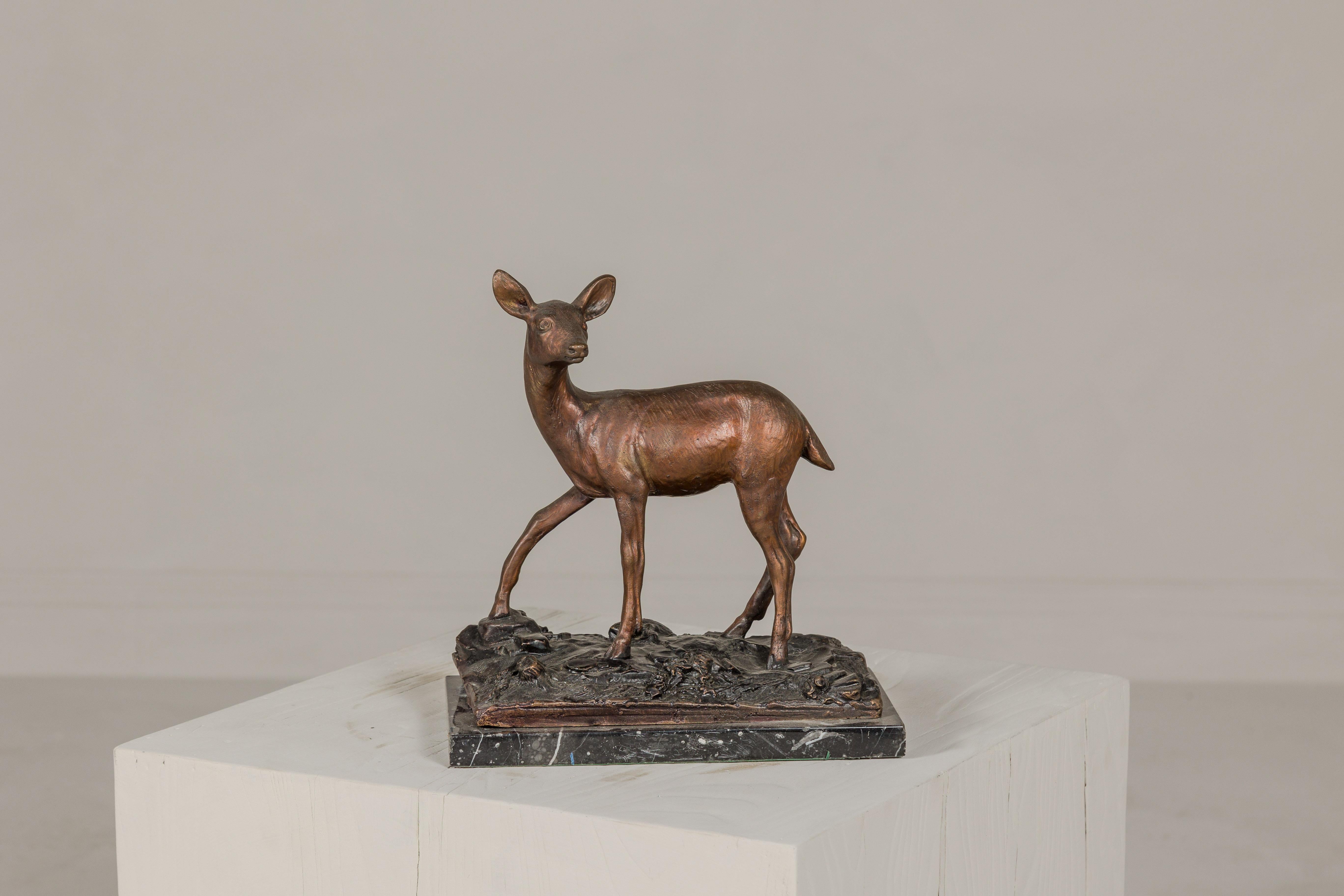 Cast Bronze Deer Sculpture Mounted on Marble and Bronze Textured Base For Sale