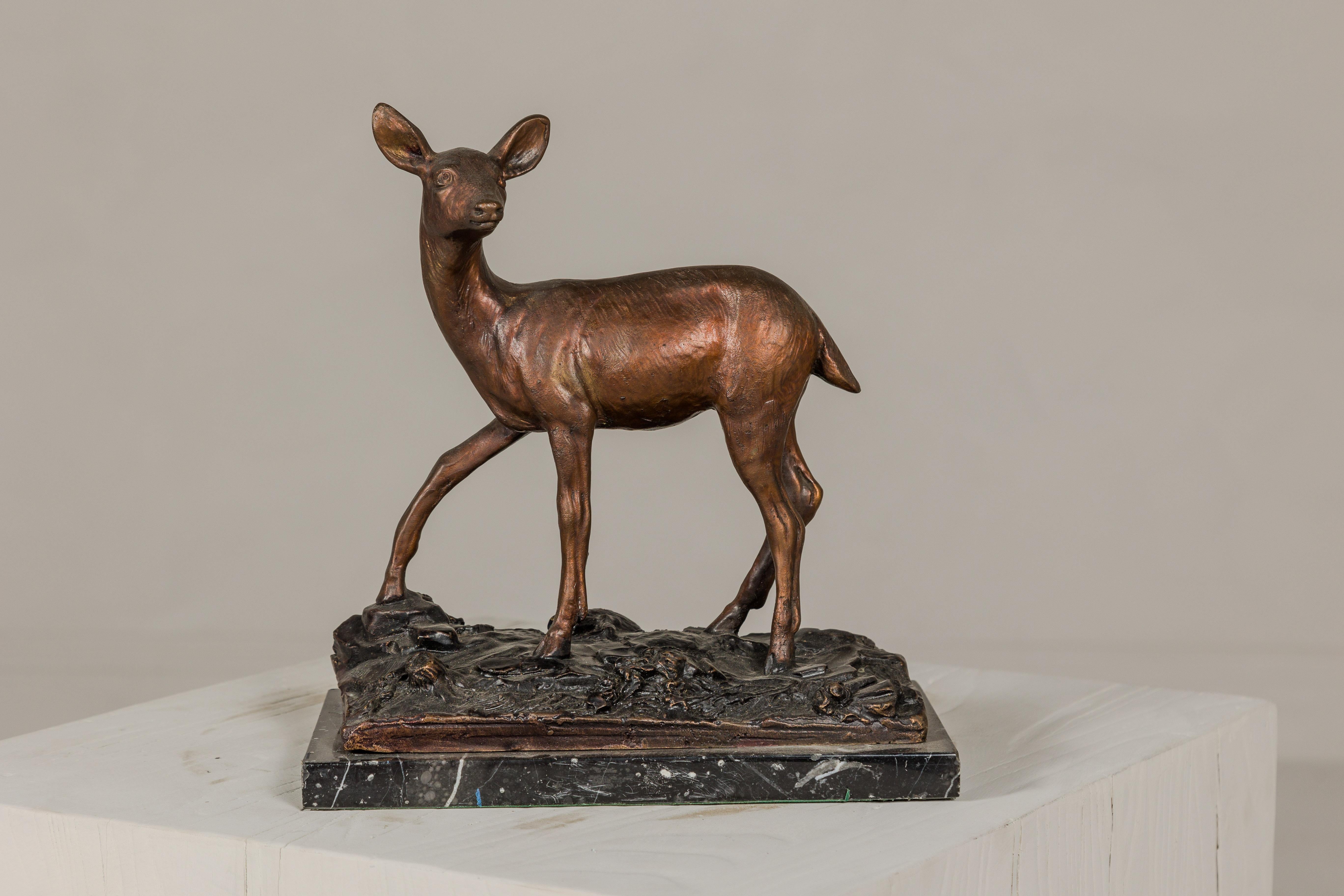 Bronze Deer Sculpture Mounted on Marble and Bronze Textured Base In Good Condition For Sale In Yonkers, NY
