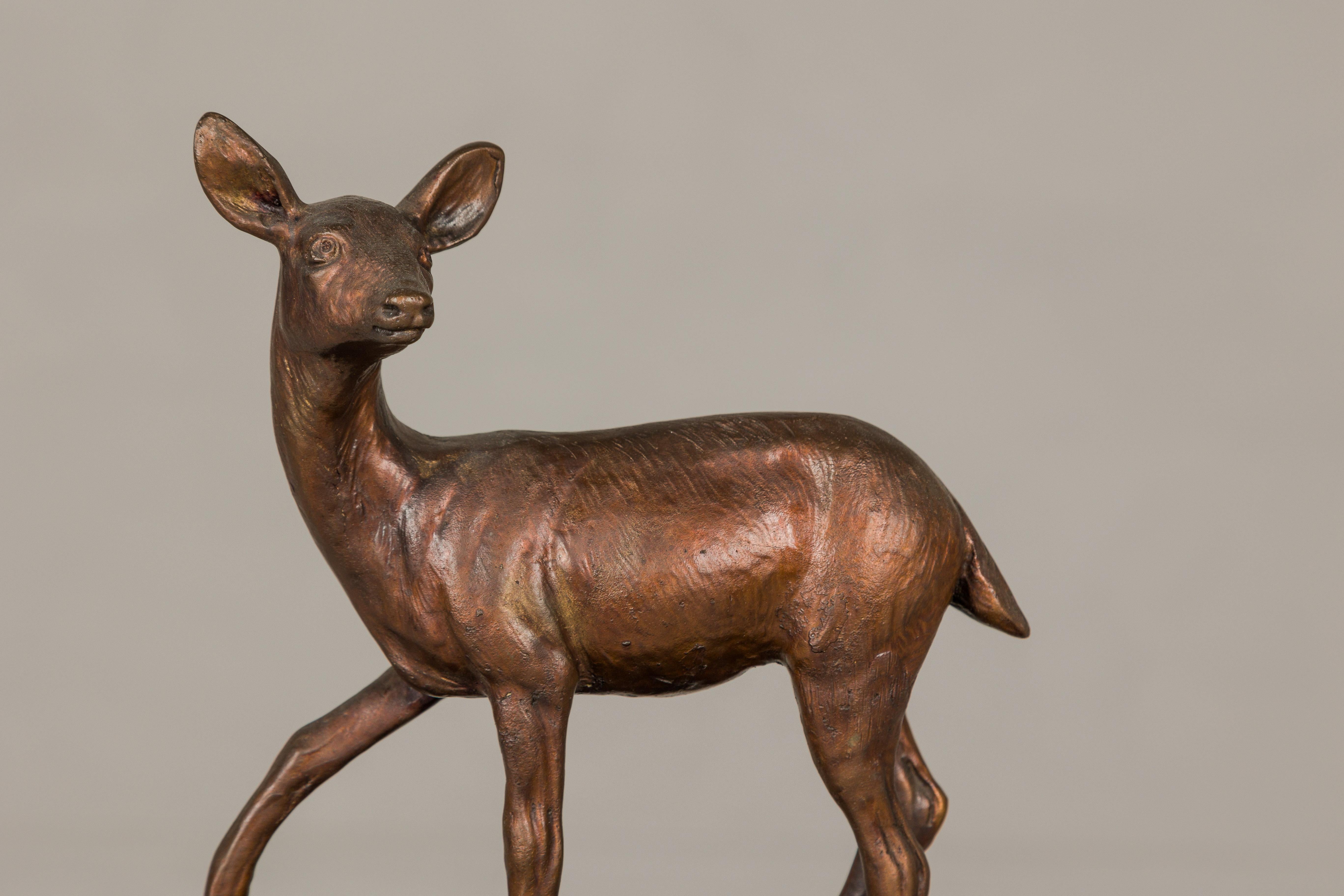 20th Century Bronze Deer Sculpture Mounted on Marble and Bronze Textured Base For Sale