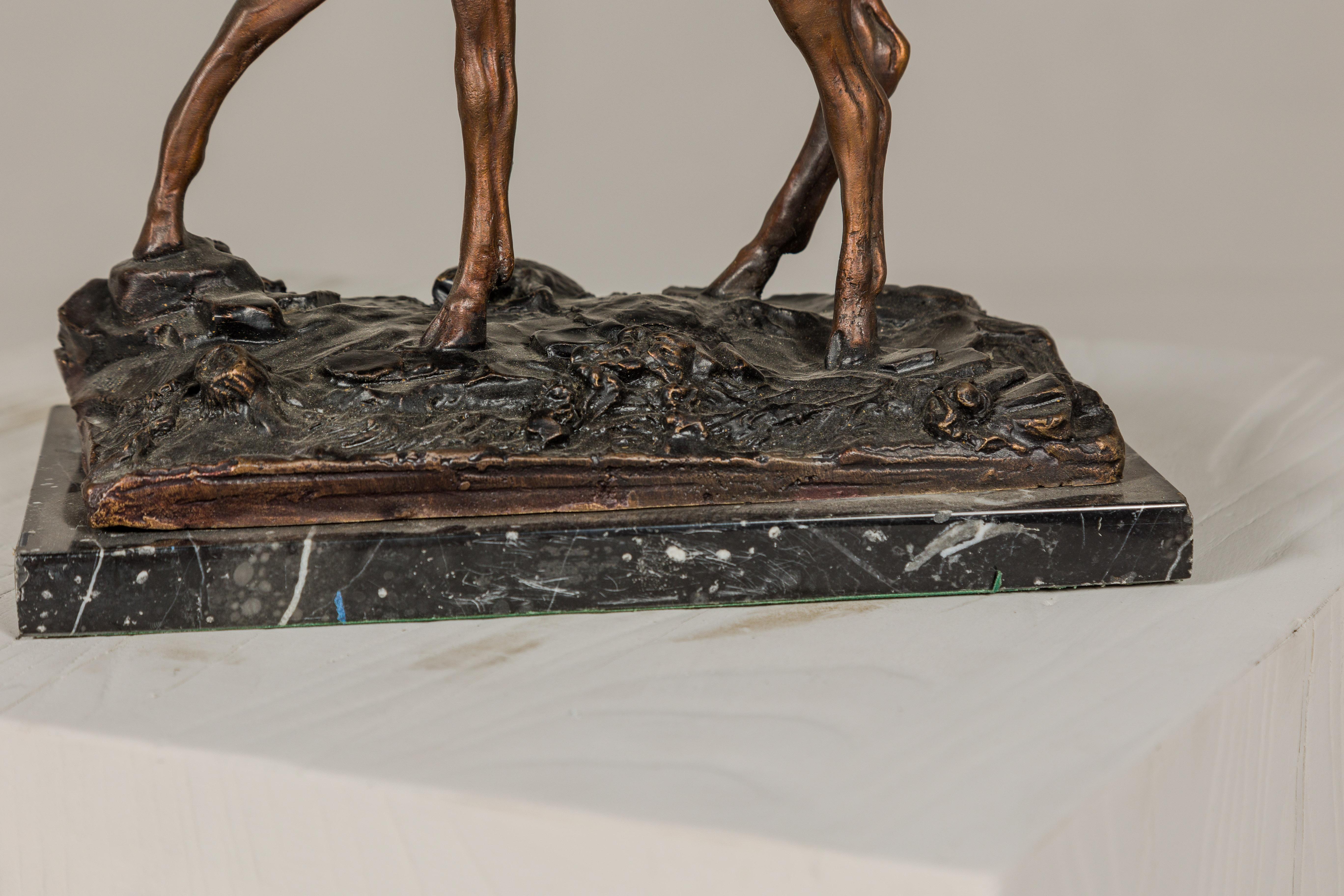 Bronze Deer Sculpture Mounted on Marble and Bronze Textured Base For Sale 1