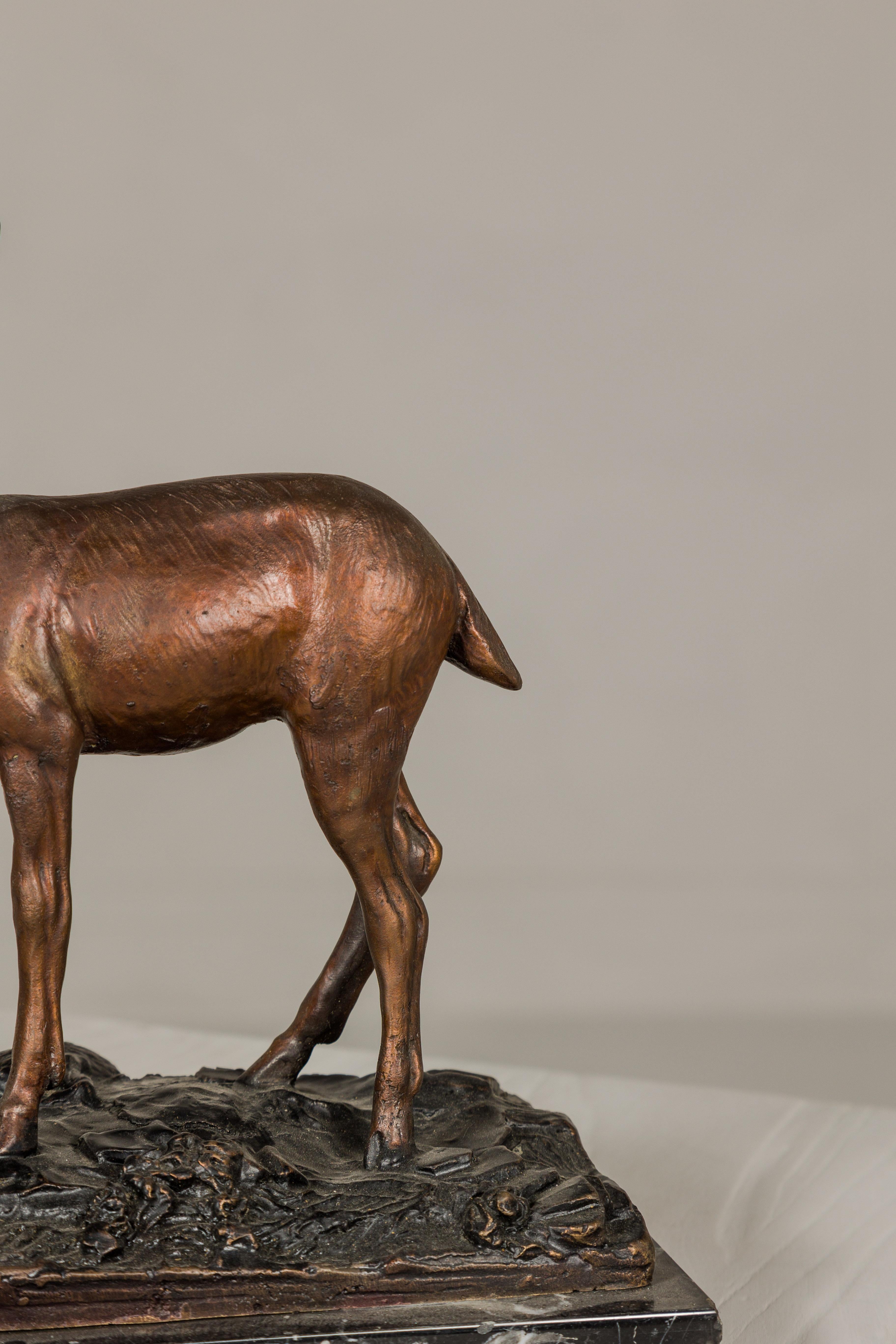 Bronze Deer Sculpture Mounted on Marble and Bronze Textured Base For Sale 2