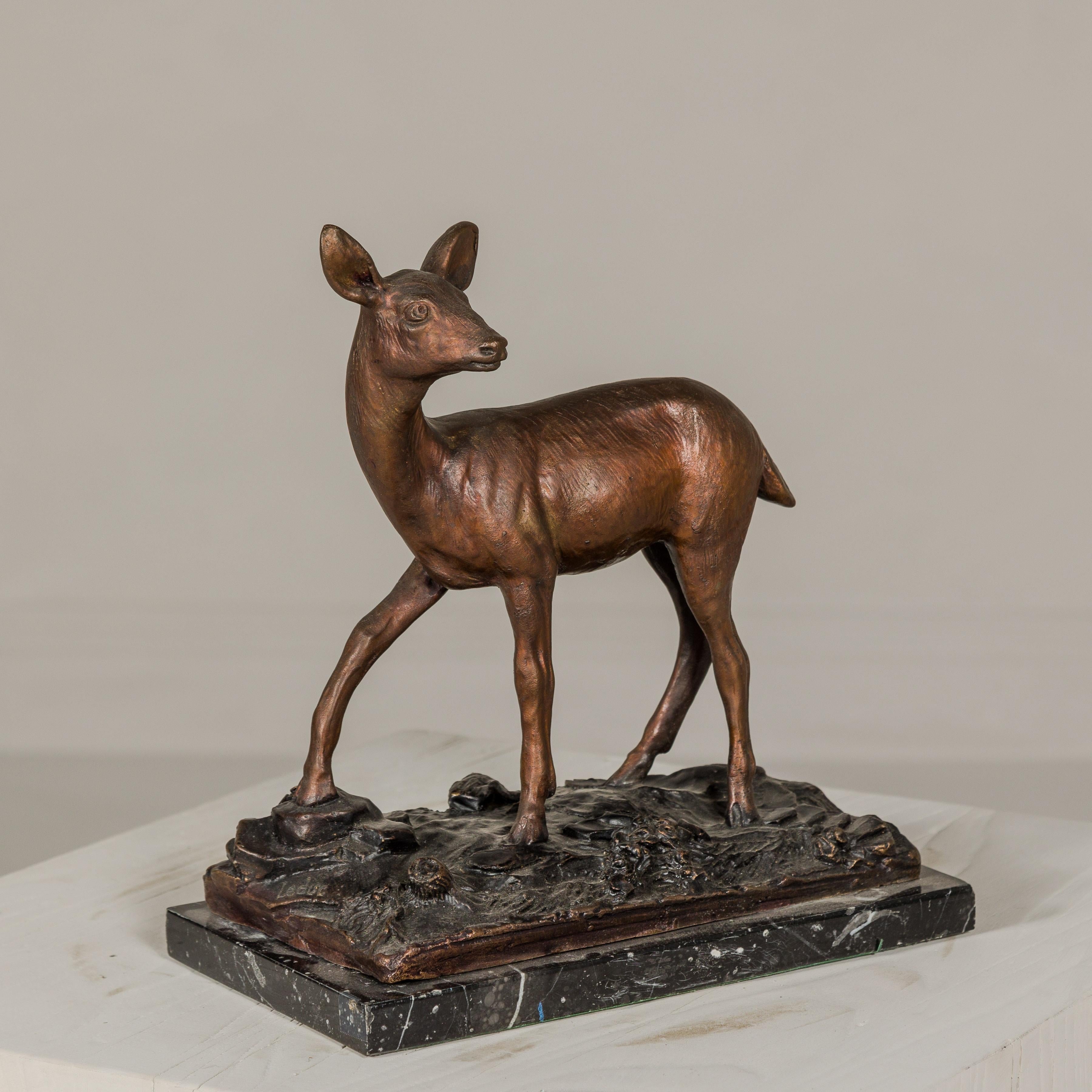 Bronze Deer Sculpture Mounted on Marble and Bronze Textured Base For Sale 3