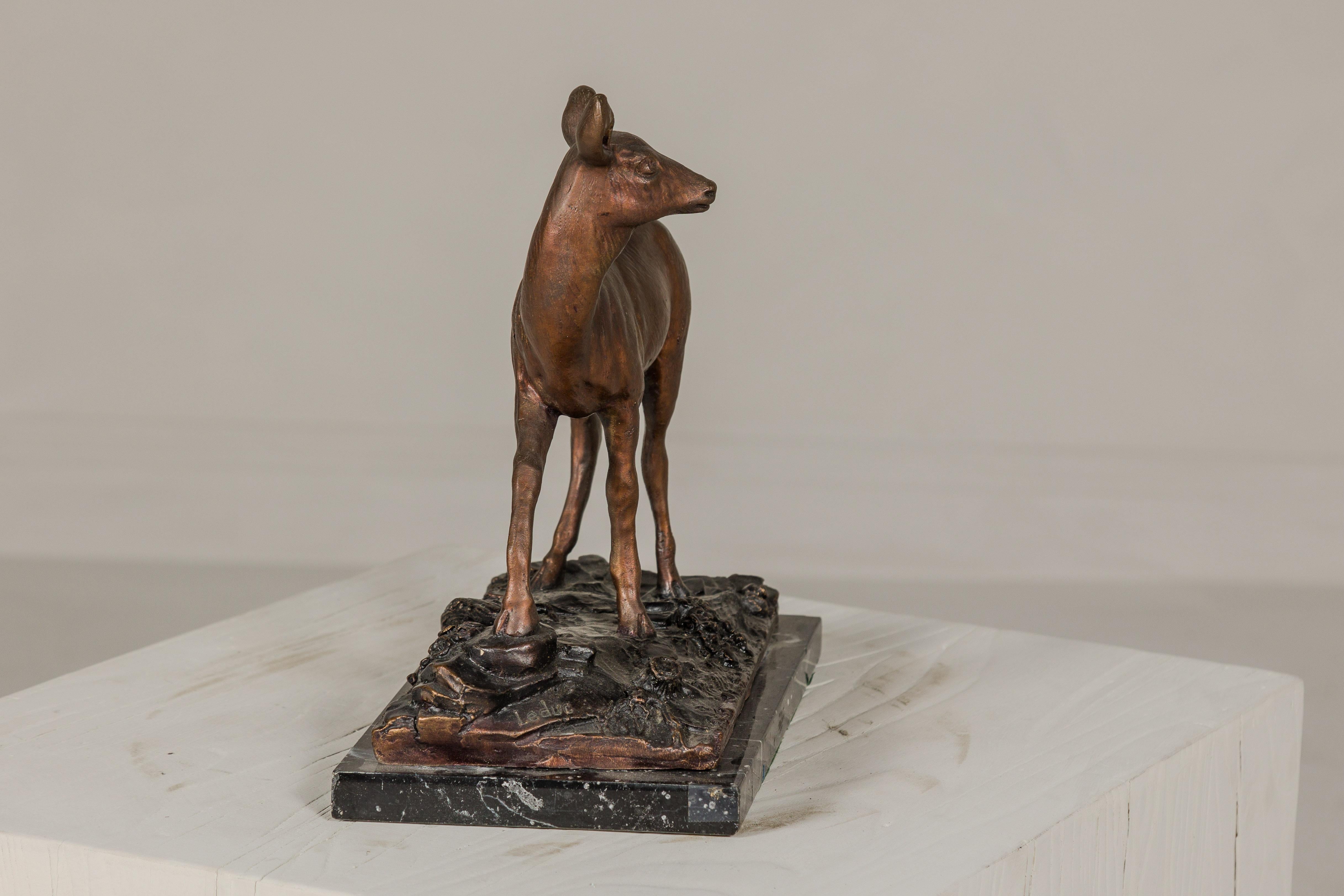Bronze Deer Sculpture Mounted on Marble and Bronze Textured Base For Sale 4