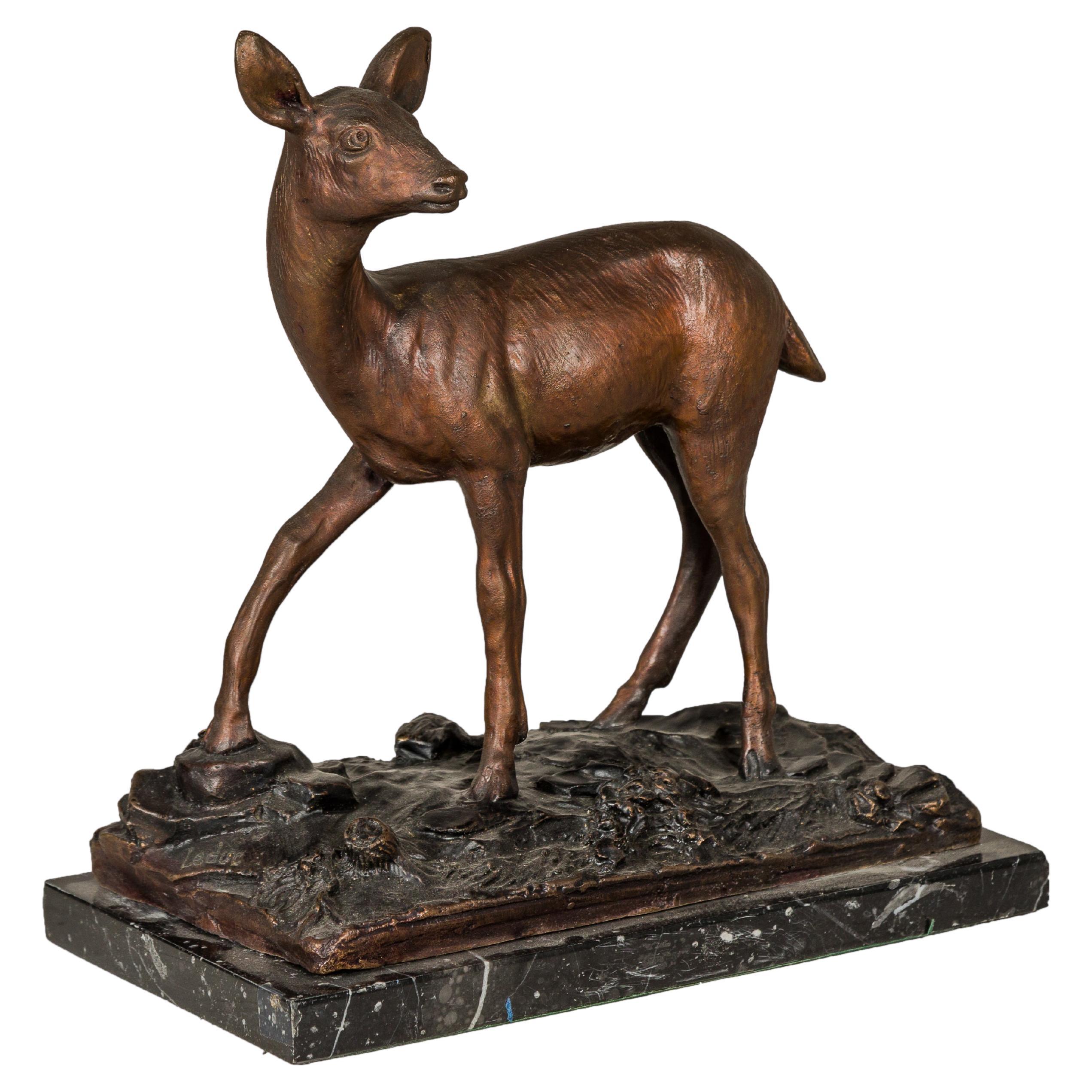 Bronze Deer Sculpture Mounted on Marble and Bronze Textured Base For Sale