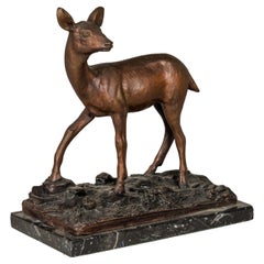 Bronze Deer Sculpture Mounted on Marble and Bronze Textured Base
