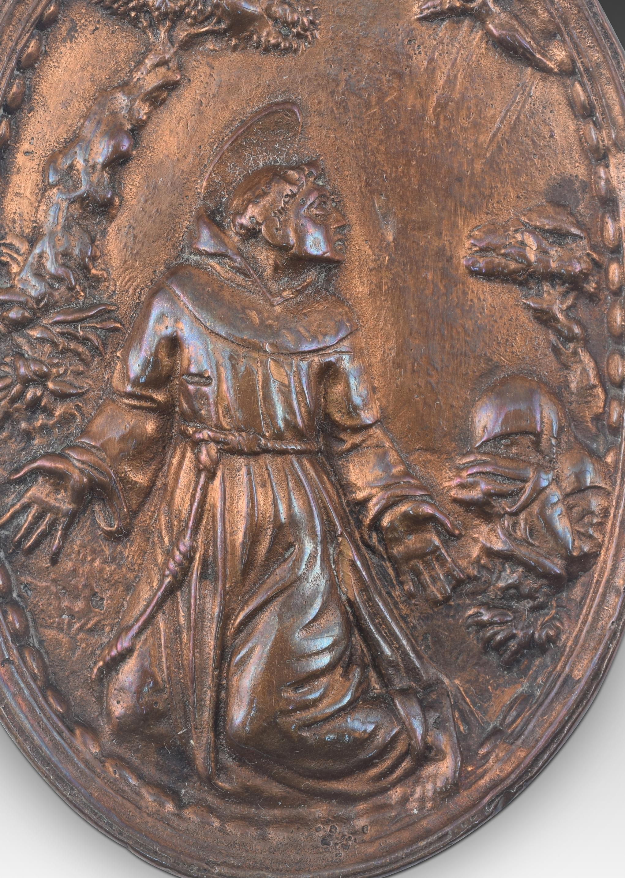 Baroque Bronze devotional plaque, St Francis of Assisi receiving the Stigmata. 17th c.