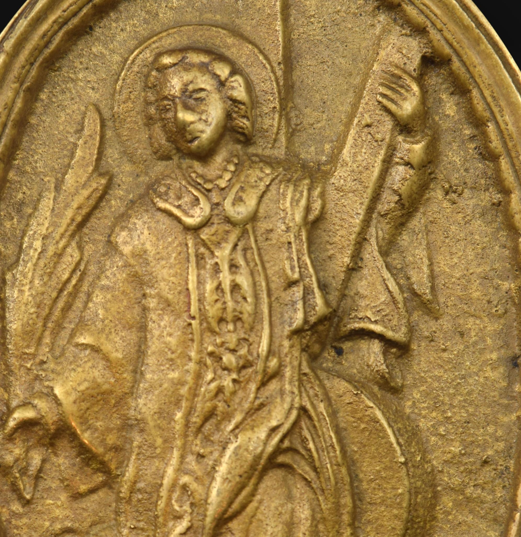Européen Plaque de dévotion en bronze:: St Vincent de Saragosse ou Martyr:: 19ème siècle en vente