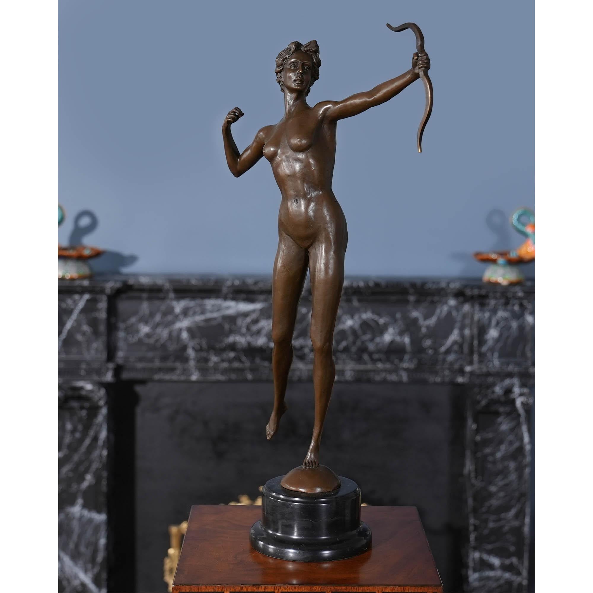 Hand-Crafted Bronze Diana the Huntress on Marble Base For Sale