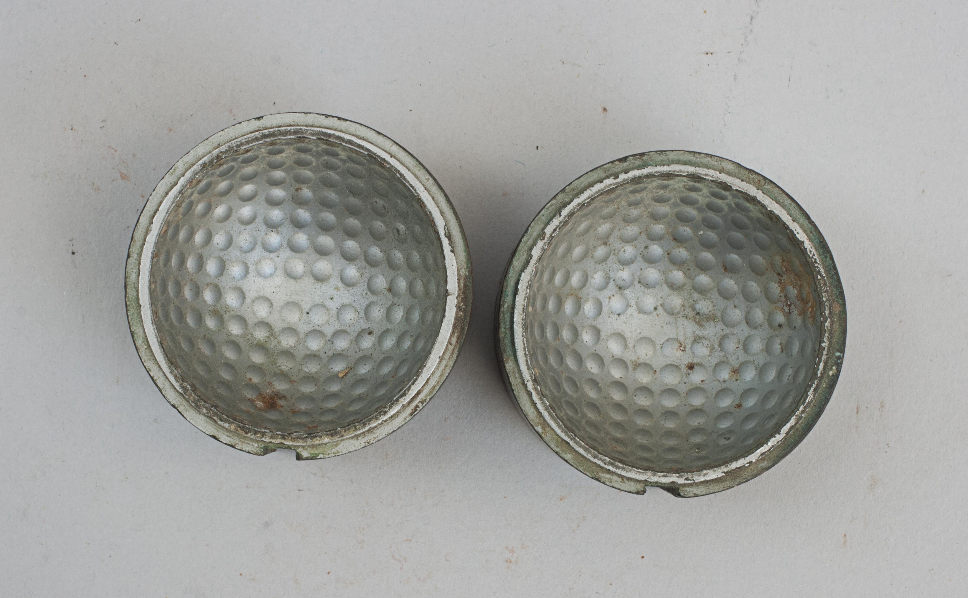Vintage Two-Part Dimple Golf Ball Mould.
An interesting un-named dimple pattern golf ball mould. The bronze moulds with alloy inner with locating slots on the side to ensure the correct alignment of the pattern. One part stamped 'B 18, 4 - 75, Made