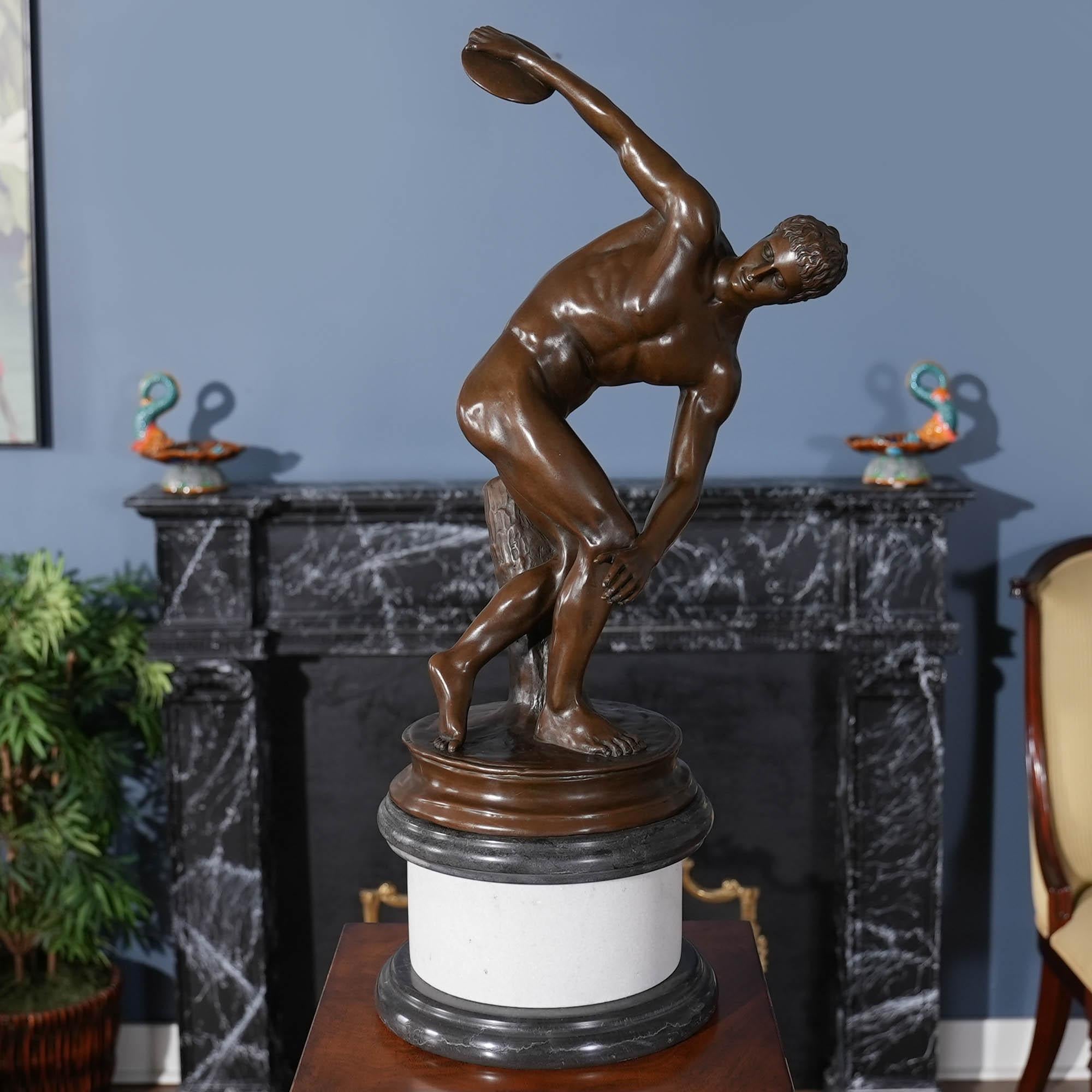 Hand-Crafted Bronze Discus Thrower on Marble Base For Sale