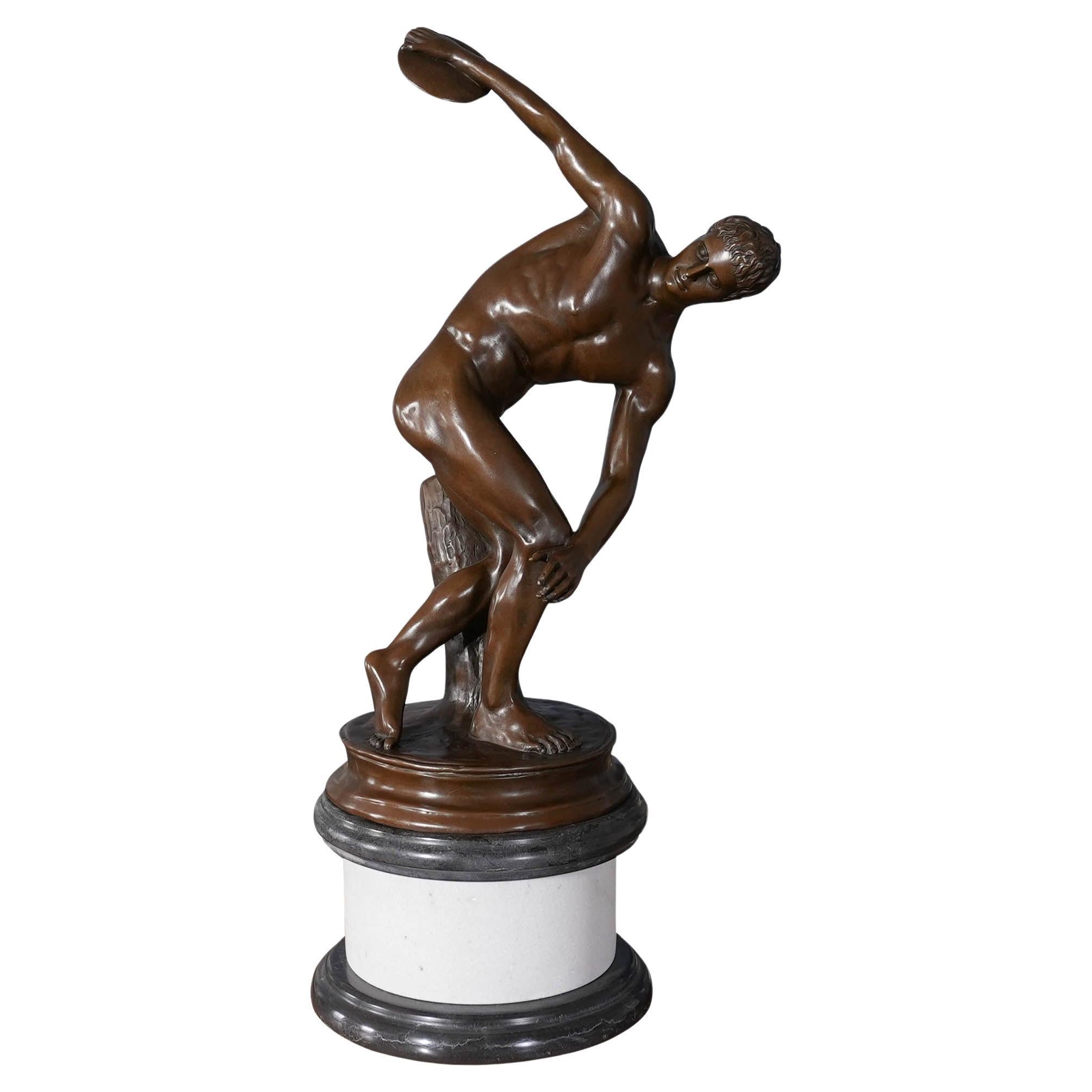 Bronze Discus Thrower on Marble Base For Sale