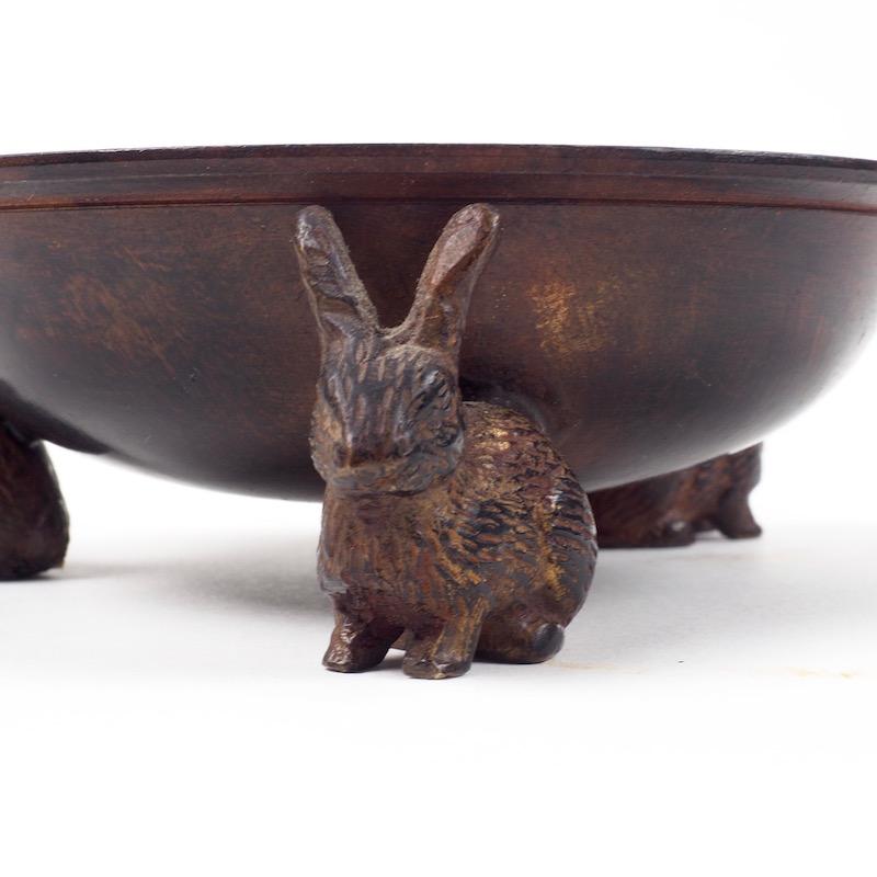 Cast bronze censer bowl supported on three cast bronze rabbits. The bronze dish has a deep lustre and the rabbit supports have a fine patina. This dish was most likely made for export from Japan in the early 20th century and would make a sweet