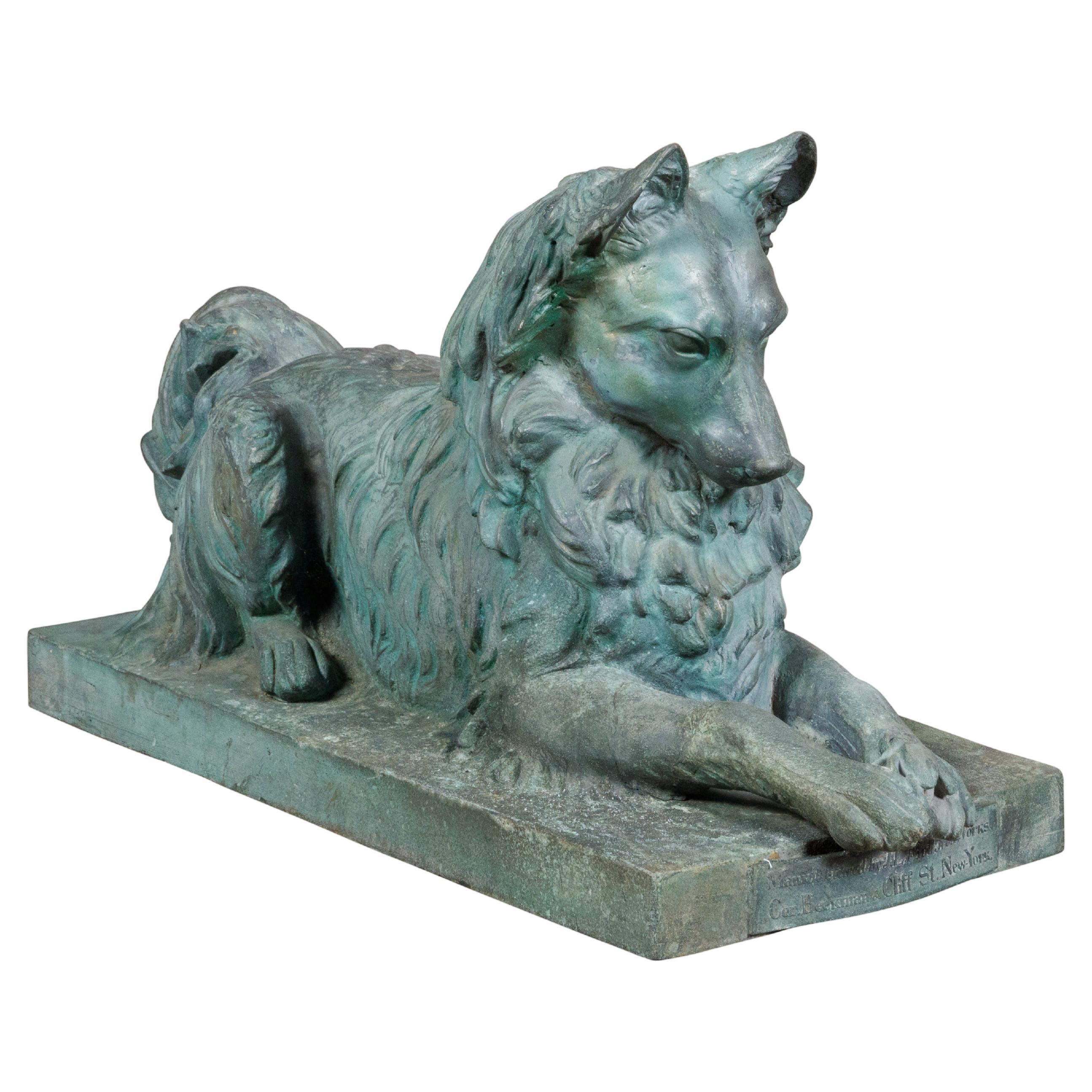 Bronze Dog Sculpture by J.L. Mott Iron Works with Verdigris Patina, 19th Century For Sale