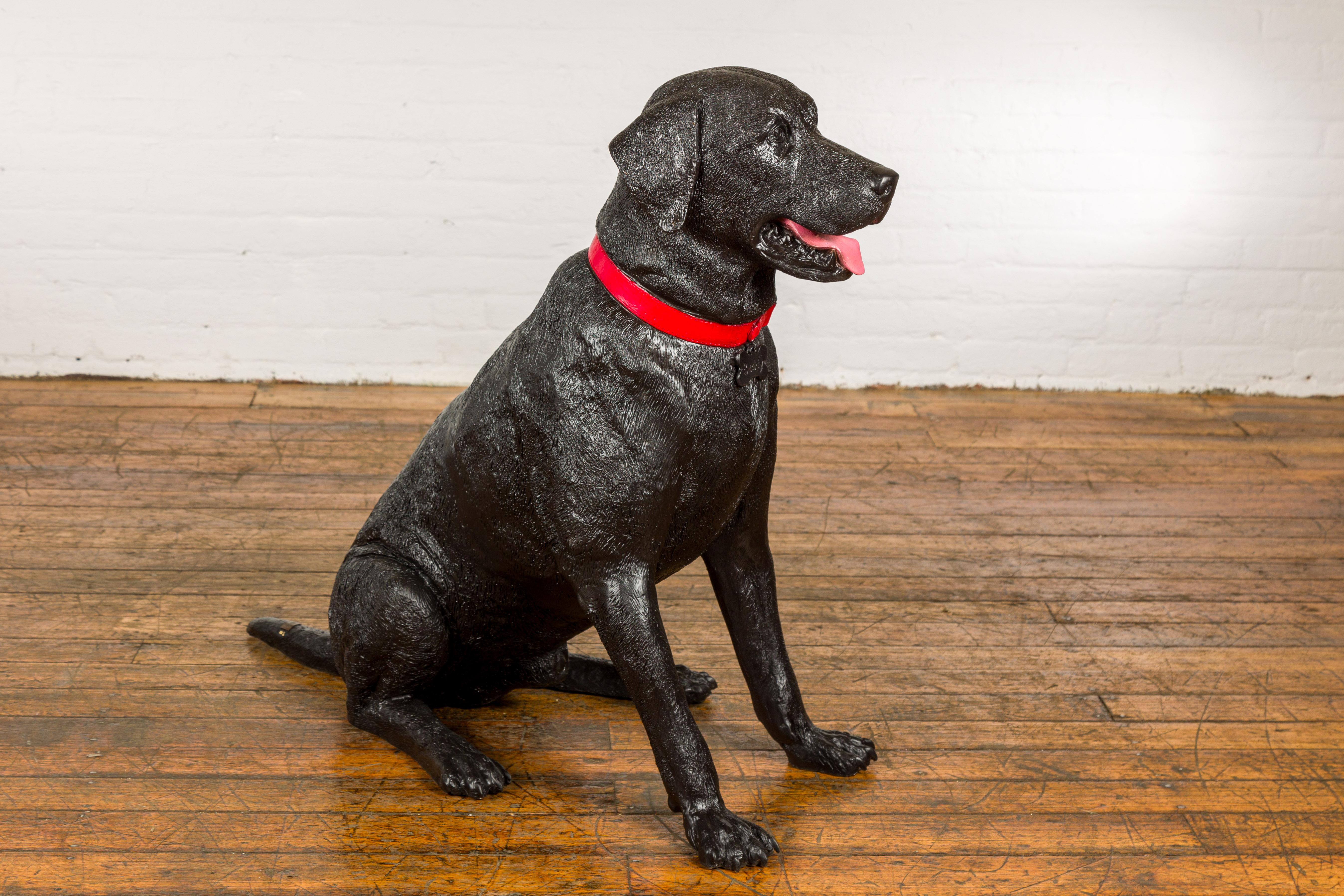 Bronze Dog Statue of a Sitting Labrador with a Red Collar, Limited Edition For Sale 7