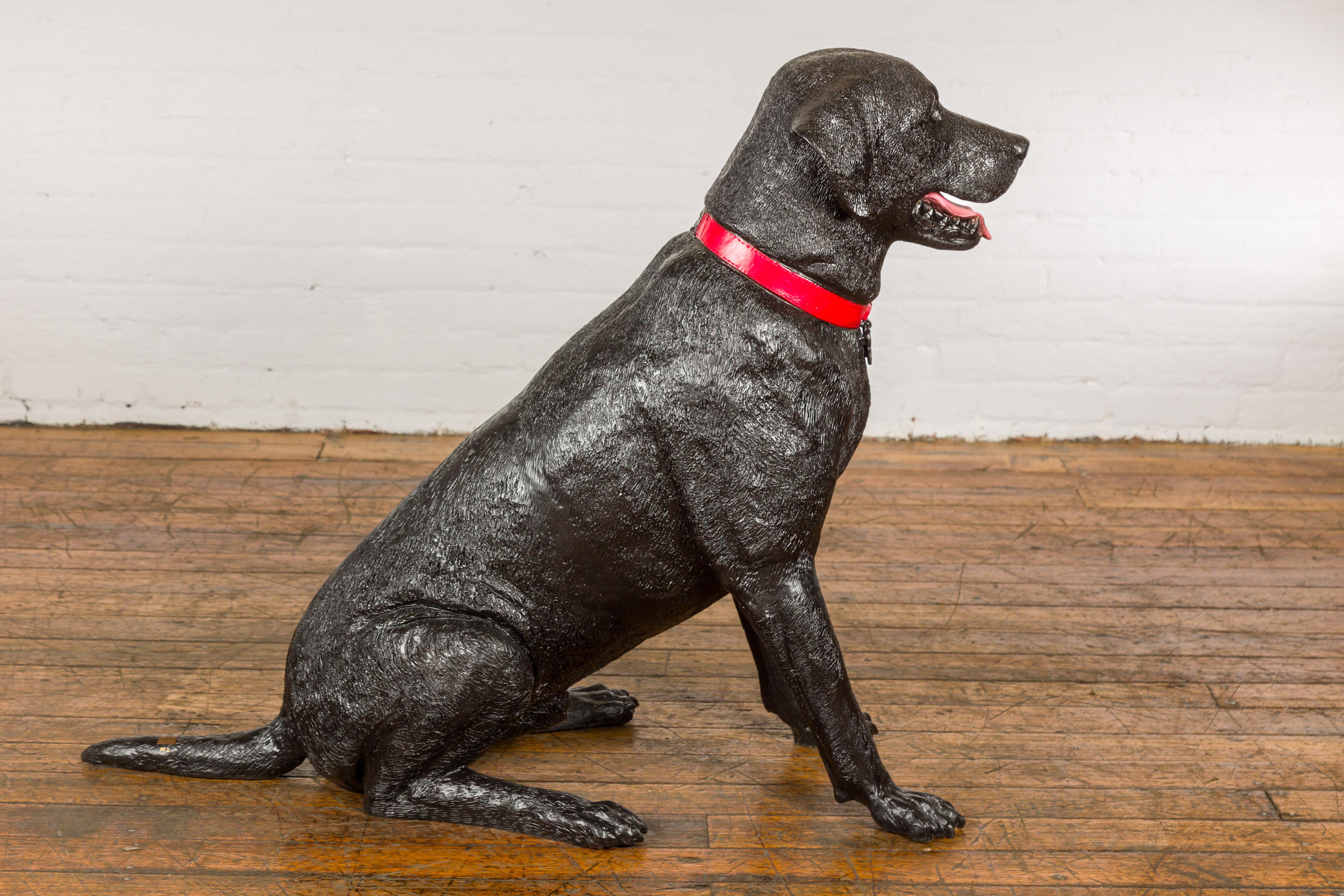 Bronze Dog Statue of a Sitting Labrador with a Red Collar, Limited Edition For Sale 8