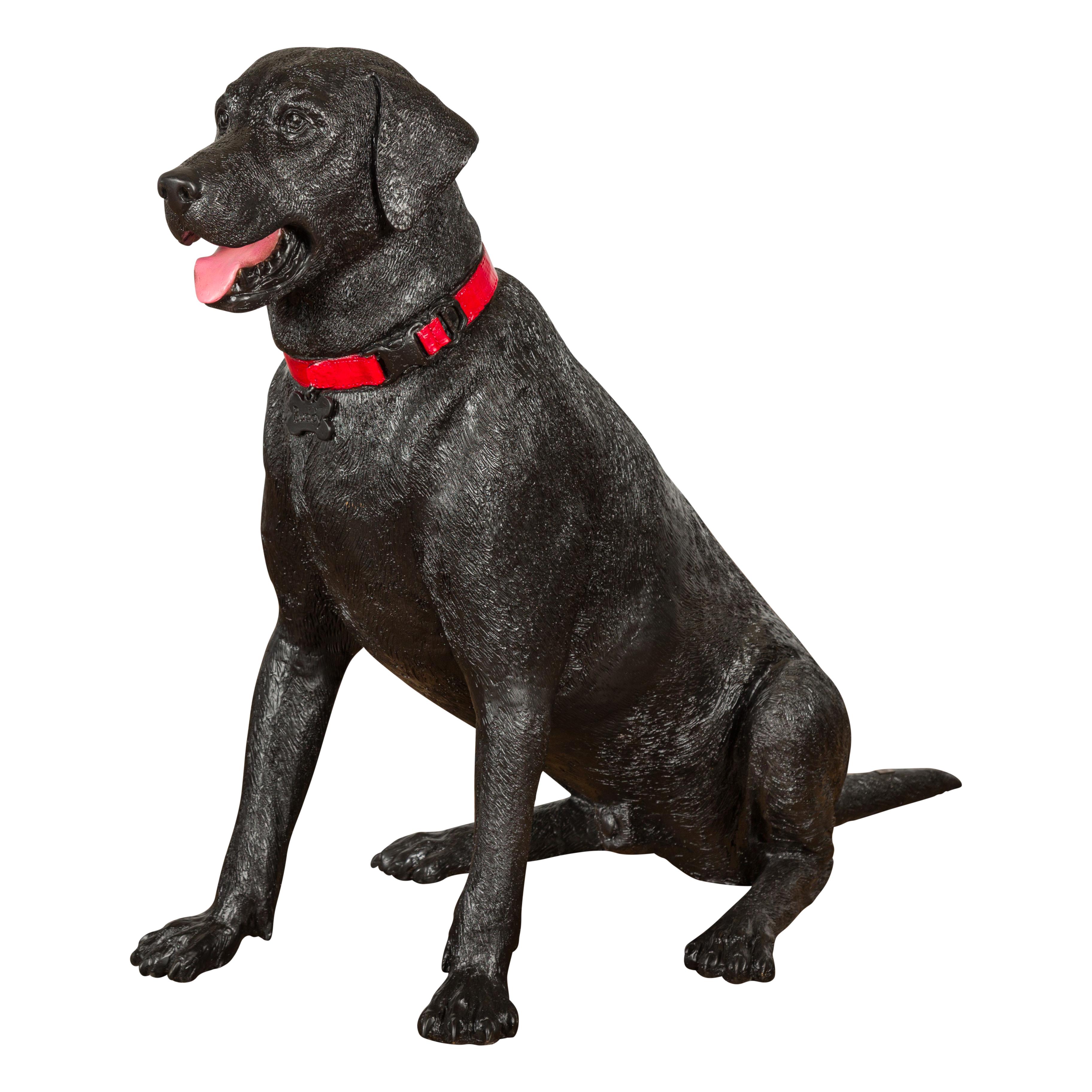 Bronze Dog Statue of a Sitting Labrador with a Red Collar, Limited Edition For Sale 11