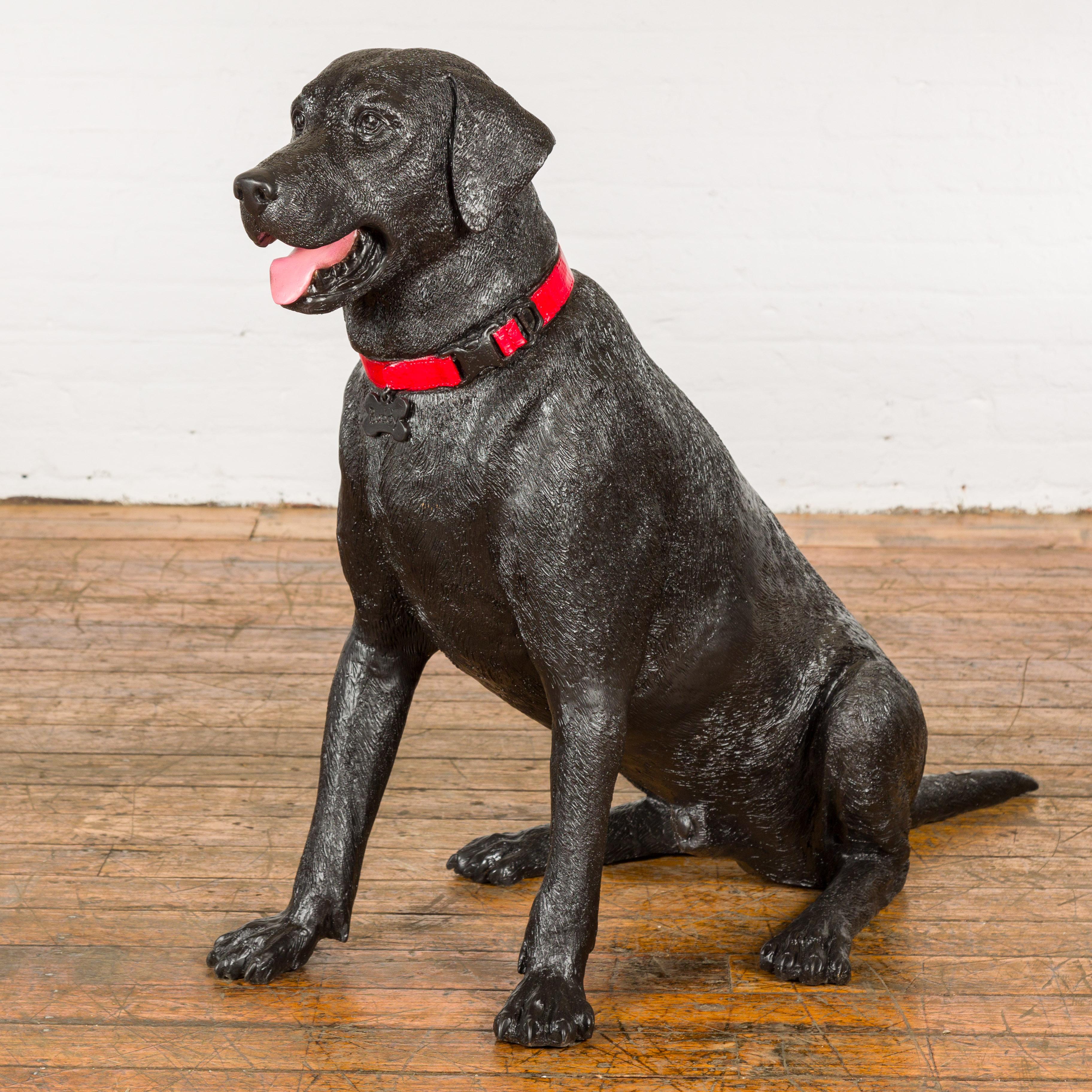 Buddy, sitting Labrador bronze dog sculpture with red collar. Meet Buddy, a limited-edition bronze Labrador sculpture that captivates the heart with his lifelike charm and obedience. Sitting in a poised posture with a red collar, Buddy is a