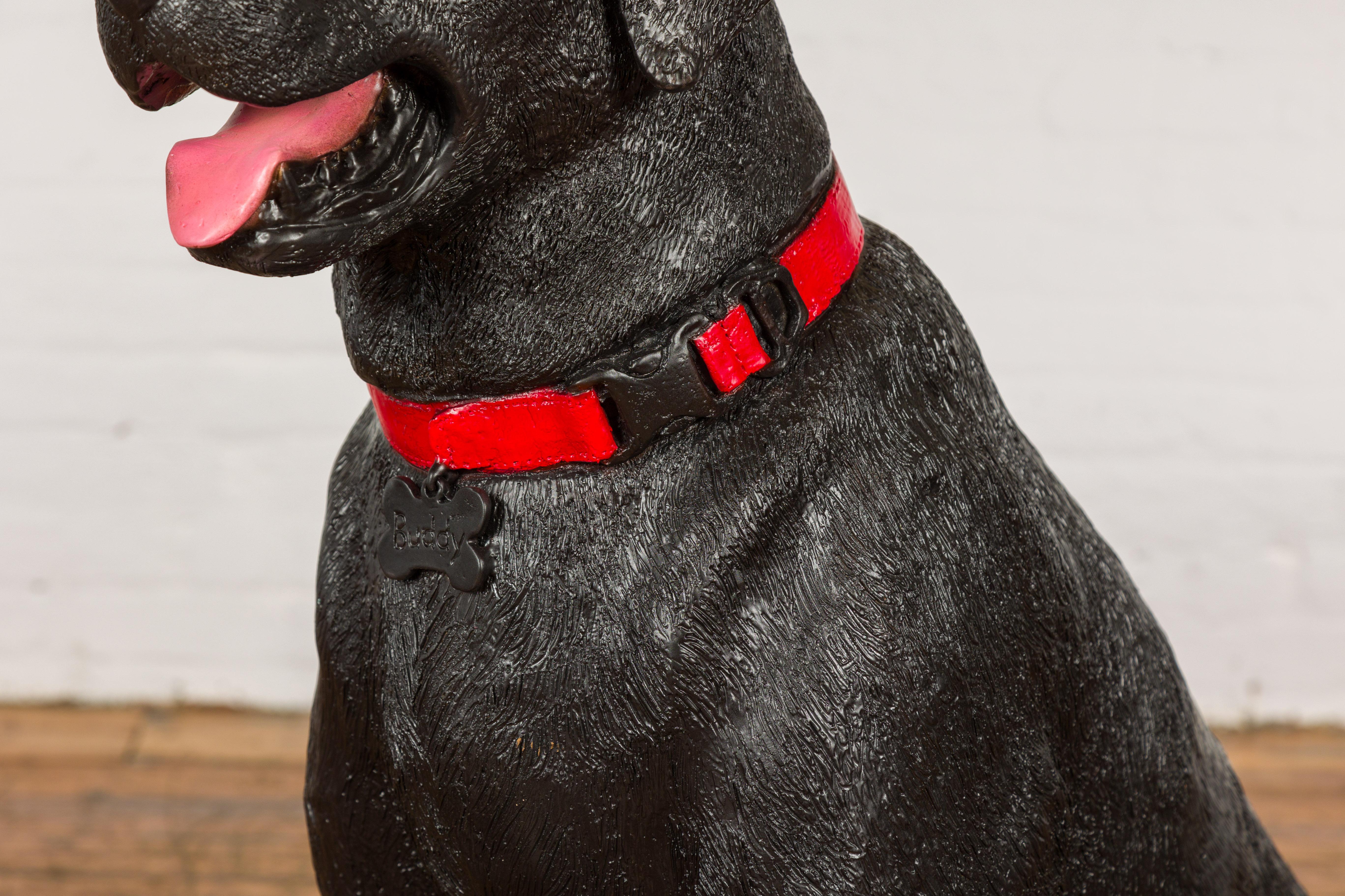 Contemporary Bronze Dog Statue of a Sitting Labrador with a Red Collar, Limited Edition For Sale