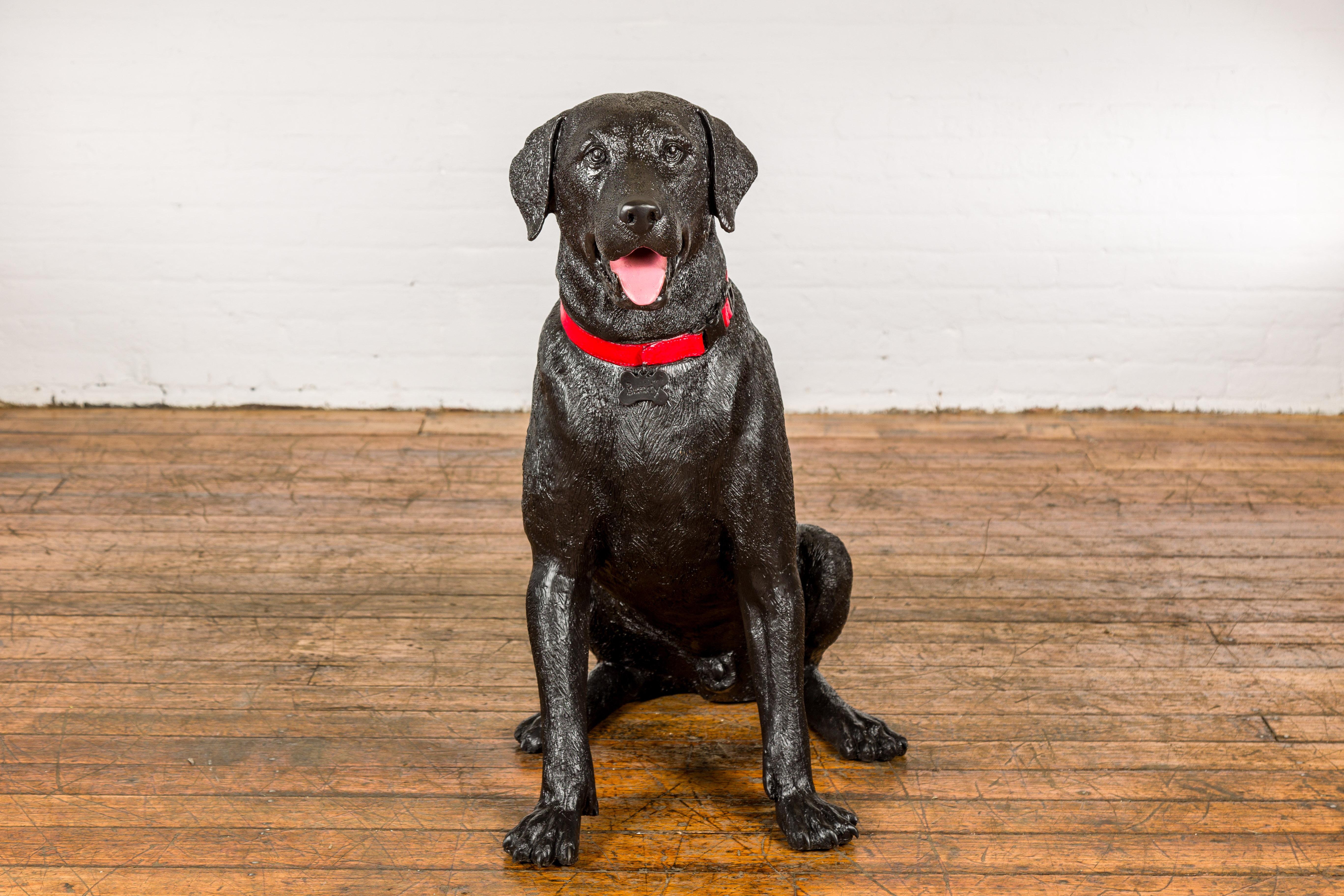 Bronze Dog Statue of a Sitting Labrador with a Red Collar, Limited Edition For Sale 4