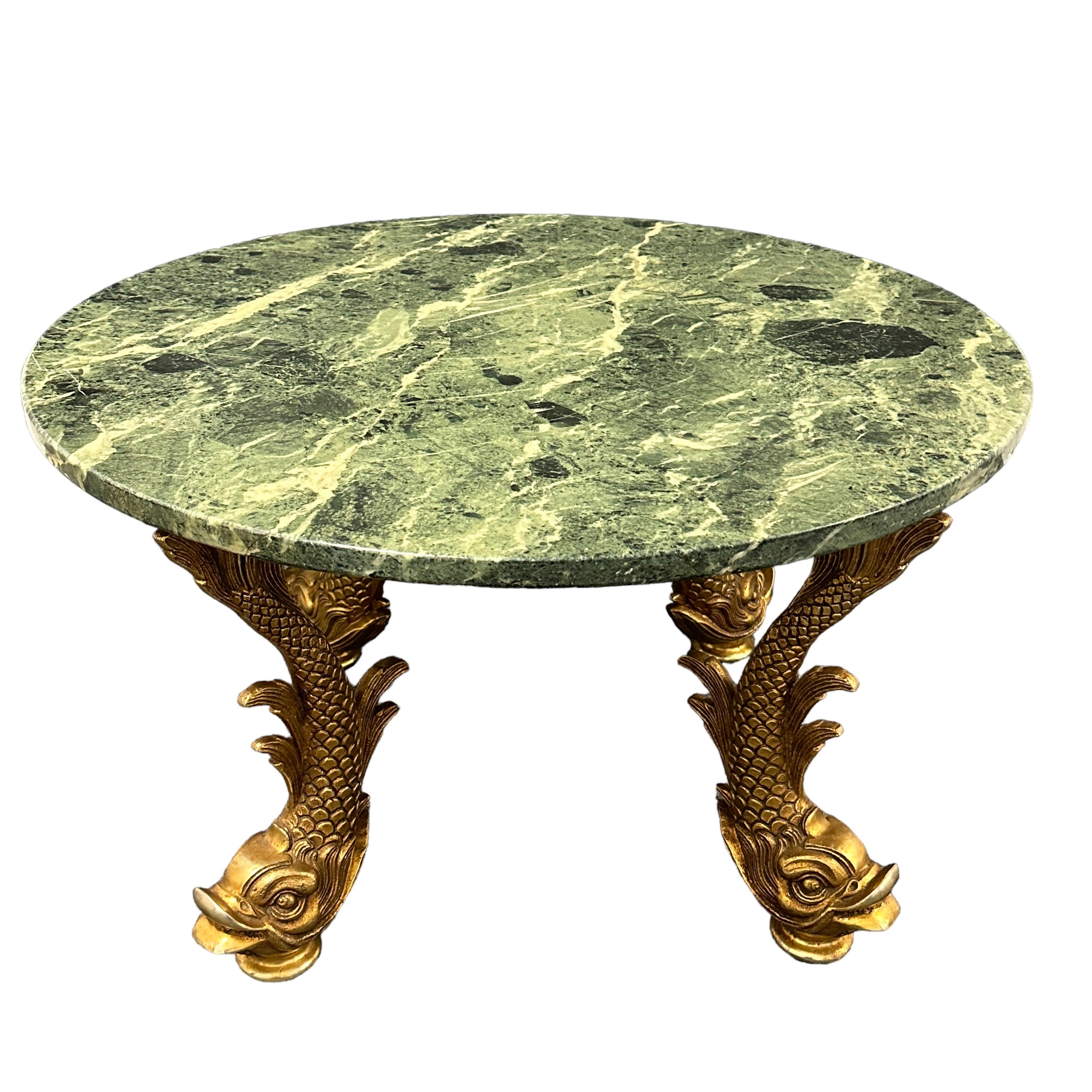 Bronze Dolphin Feet Green Marble Top Side Coffee Cocktail Table, 1980s Belgium  For Sale 4