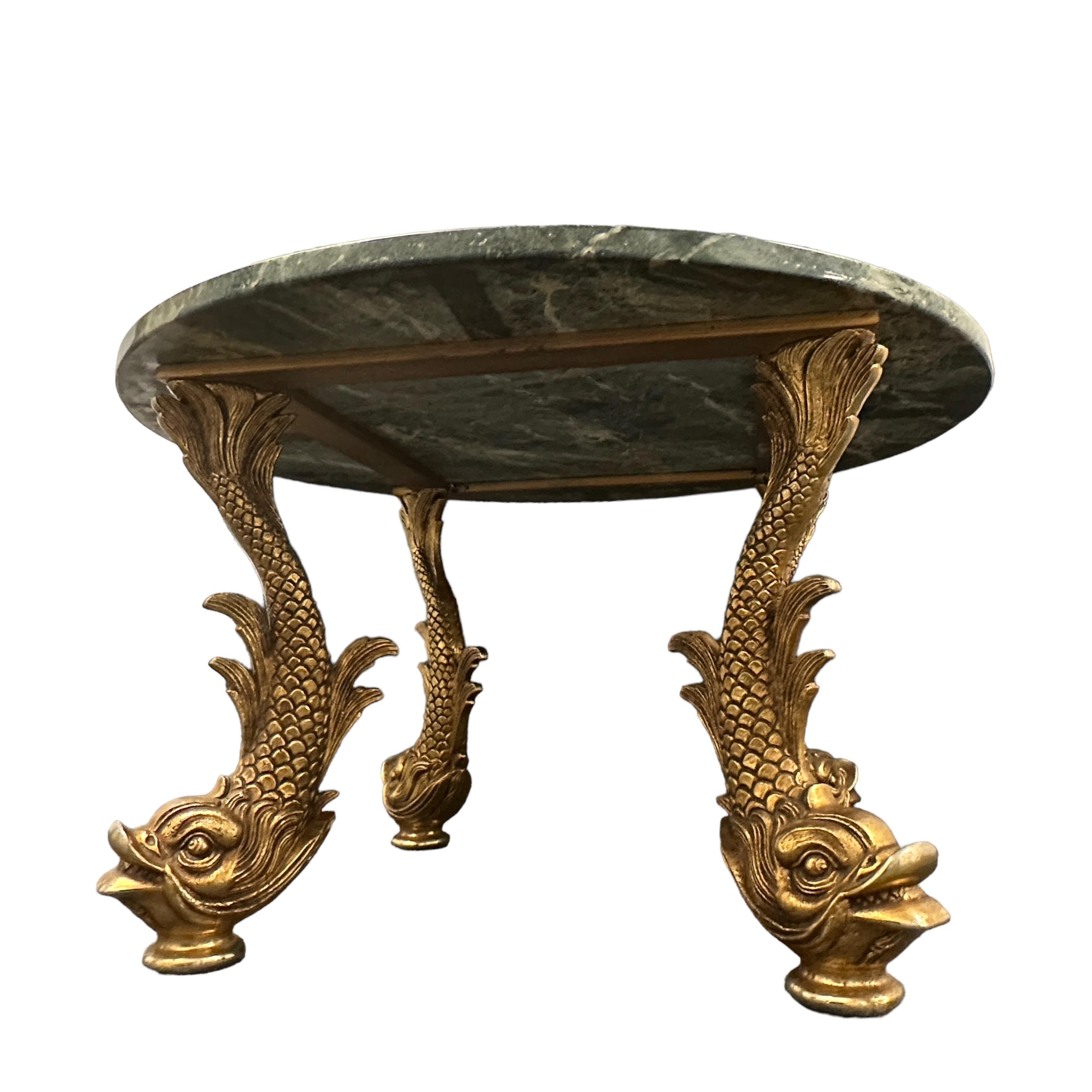 Bronze Dolphin Feet Green Marble Top Side Coffee Cocktail Table, 1980s Belgium  For Sale 5
