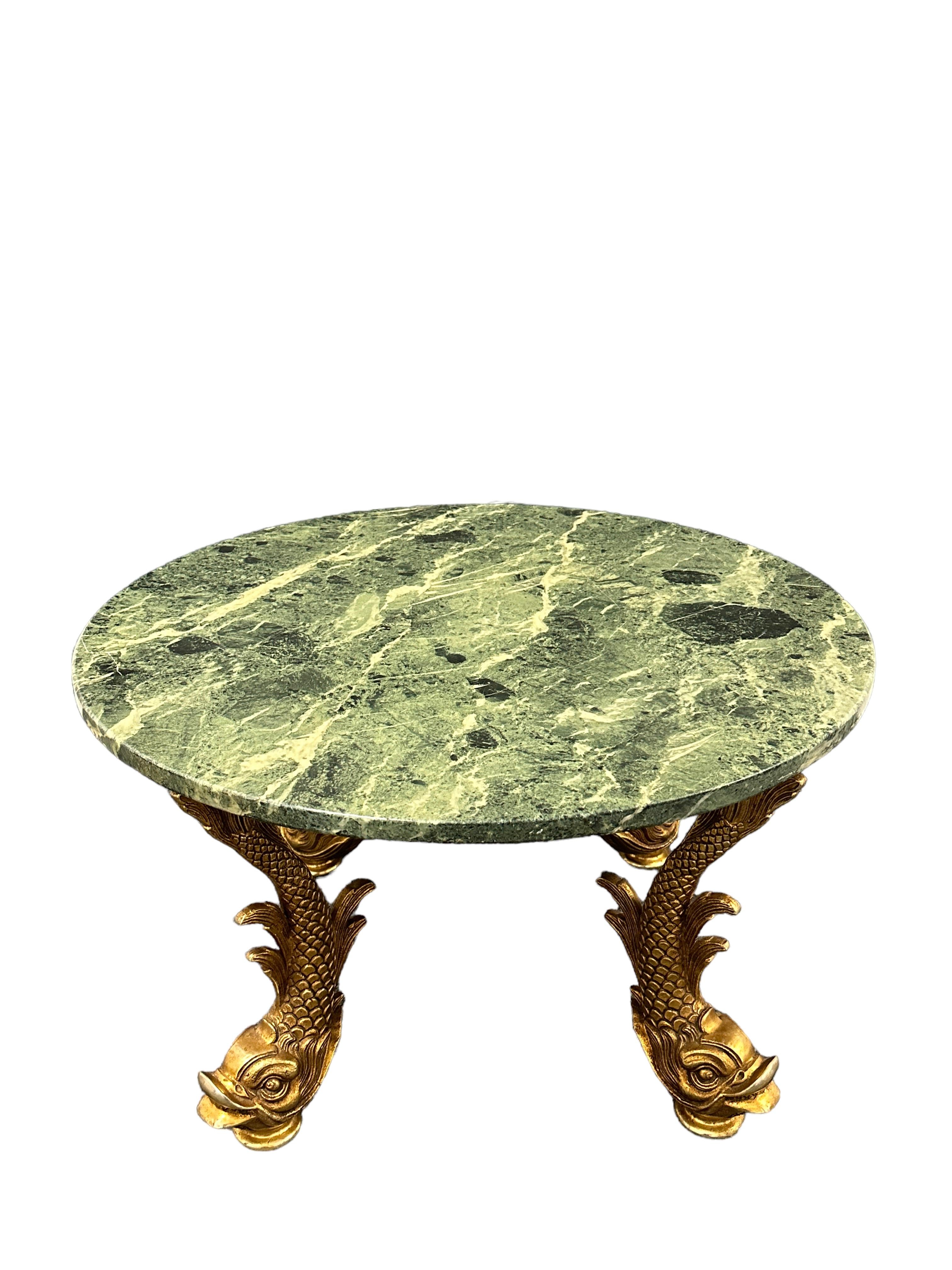 Bronze Dolphin Feet Green Marble Top Side Coffee Cocktail Table, 1980s Belgium  For Sale 6