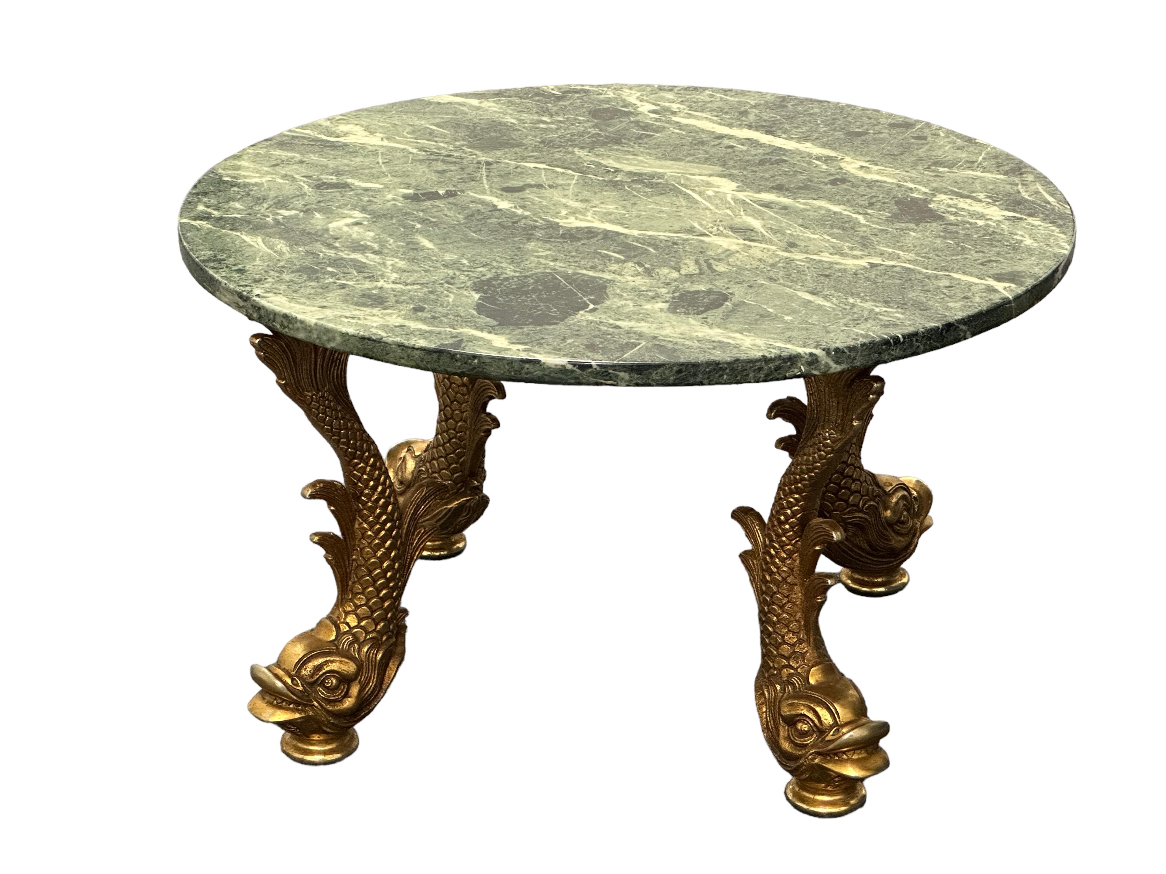 Bronze Dolphin Feet Green Marble Top Side Coffee Cocktail Table, 1980s Belgium  For Sale 7