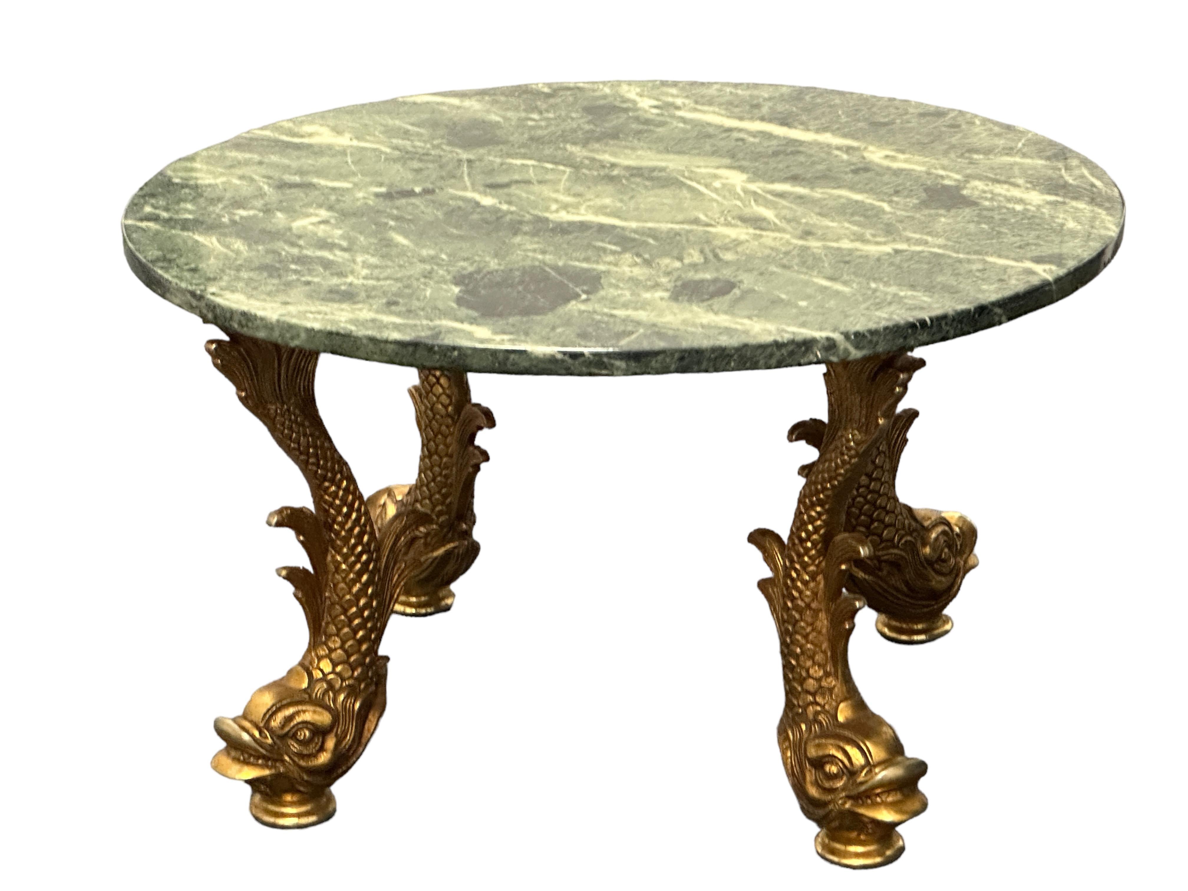 Bronze Dolphin Feet Green Marble Top Side Coffee Cocktail Table, 1980s Belgium  For Sale 8