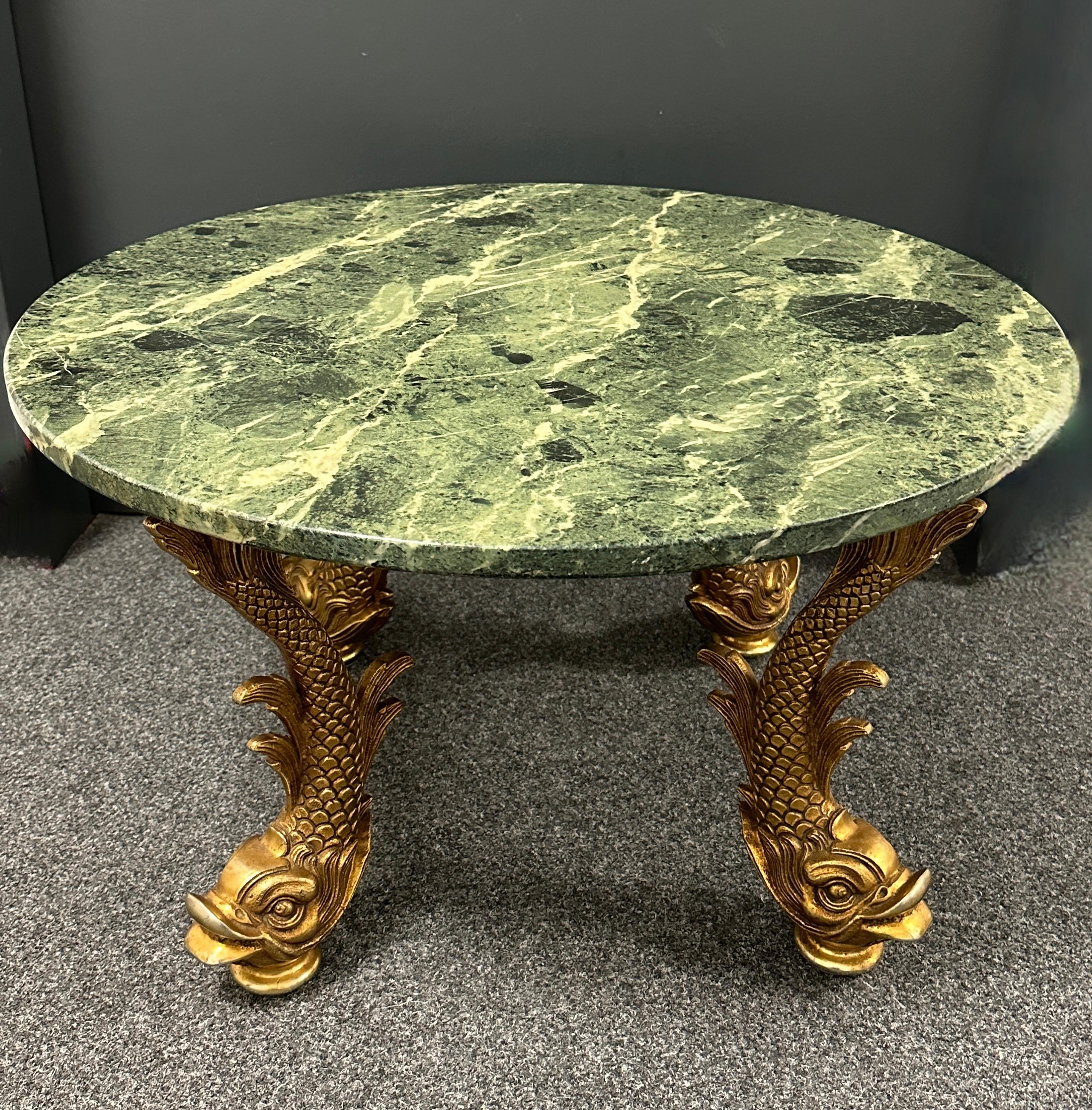 Bronze Dolphin Feet Green Marble Top Side Coffee Cocktail Table, 1980s Belgium  For Sale 9