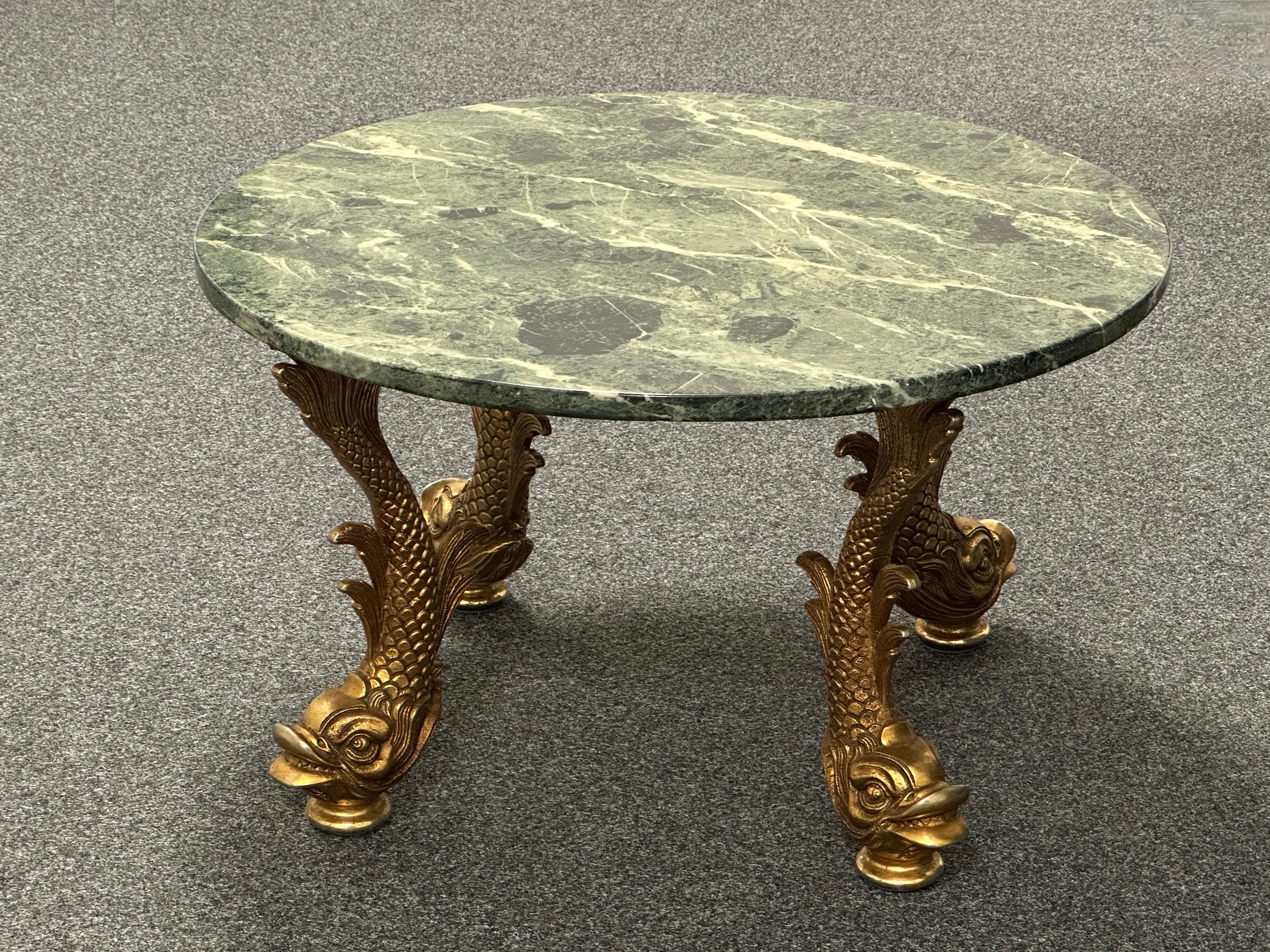 Bronze Dolphin Feet Green Marble Top Side Coffee Cocktail Table, 1980s Belgium  For Sale 10