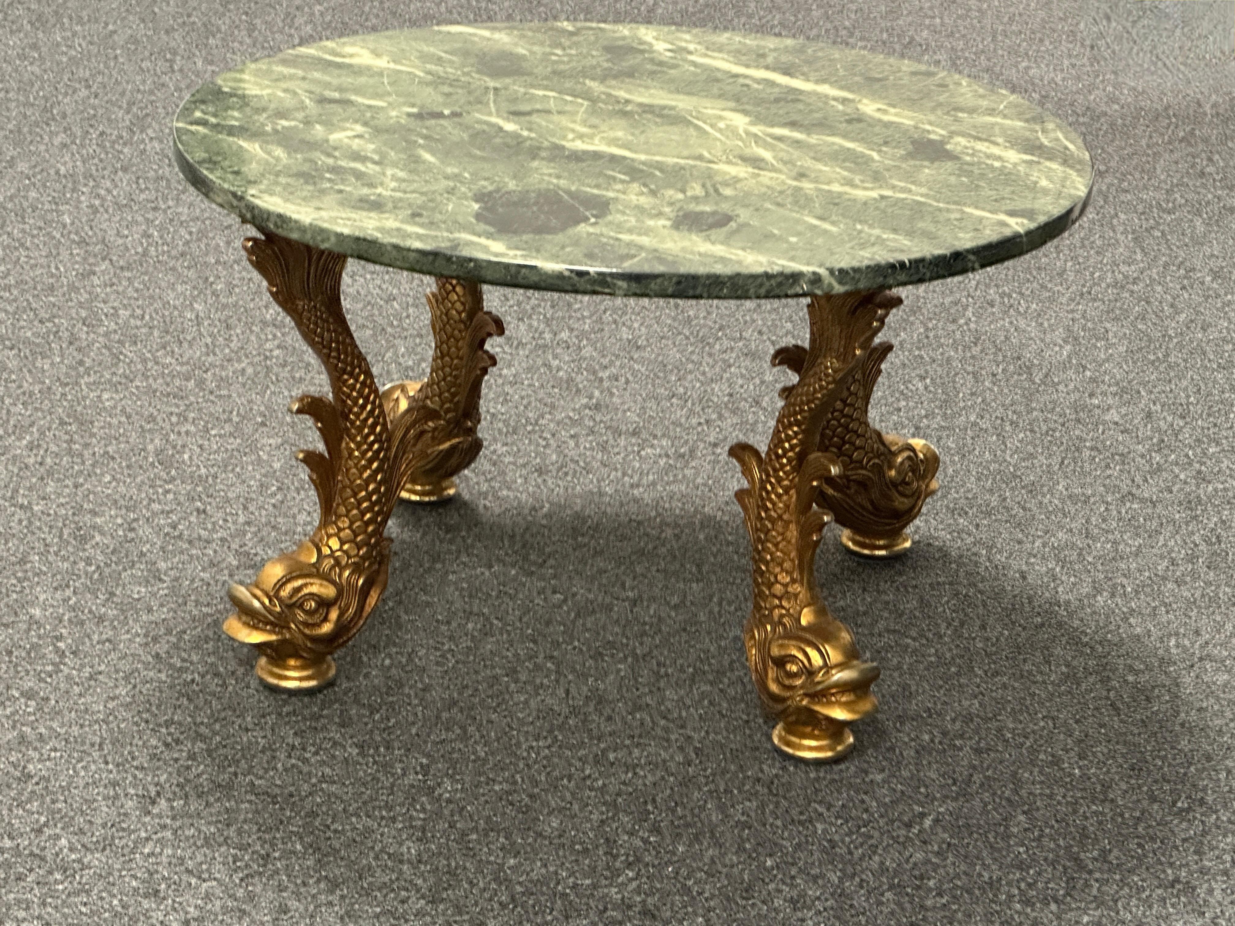 Bronze Dolphin Feet Green Marble Top Side Coffee Cocktail Table, 1980s Belgium  For Sale 11
