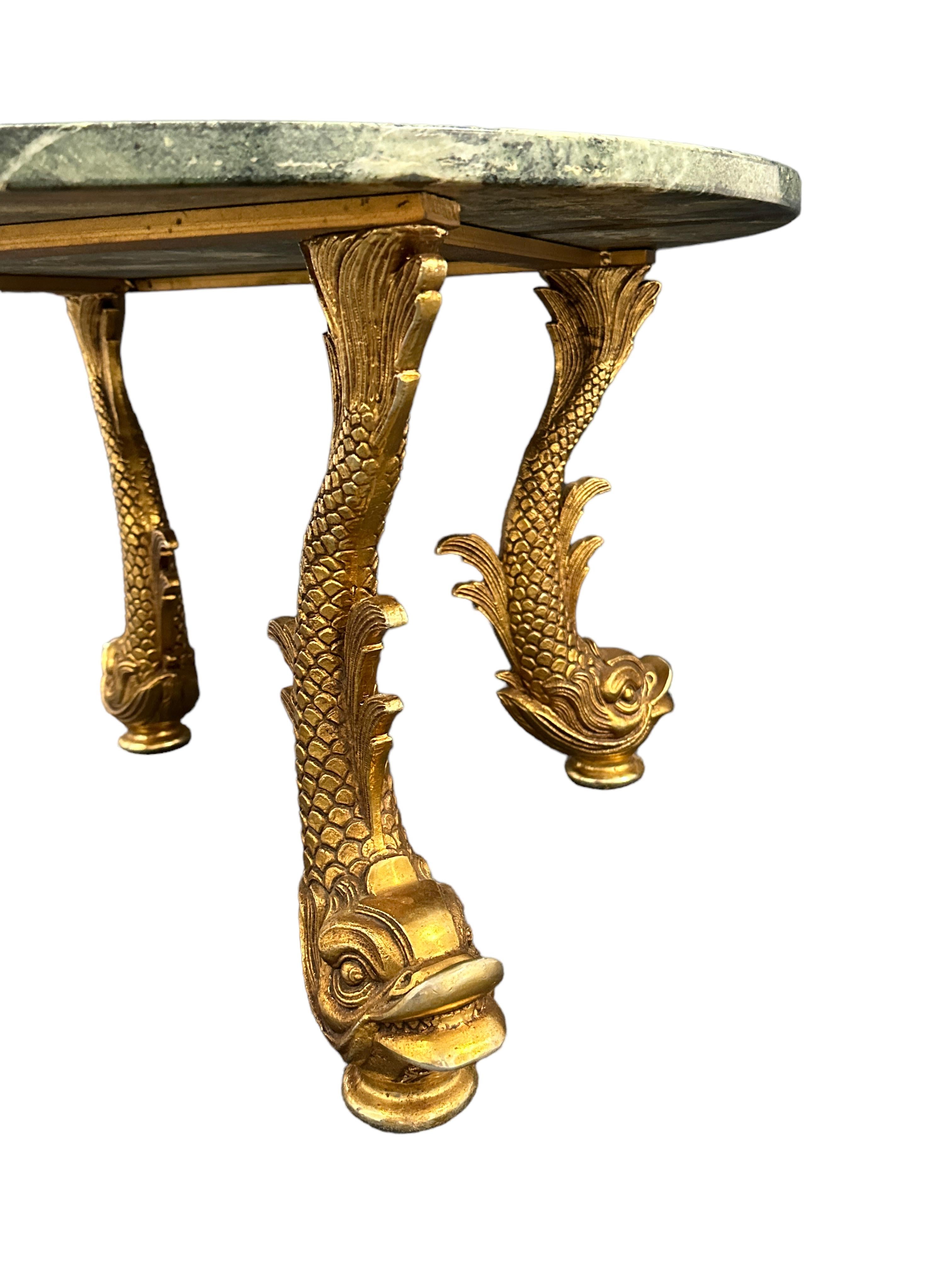 Hollywood Regency Bronze Dolphin Feet Green Marble Top Side Coffee Cocktail Table, 1980s Belgium  For Sale