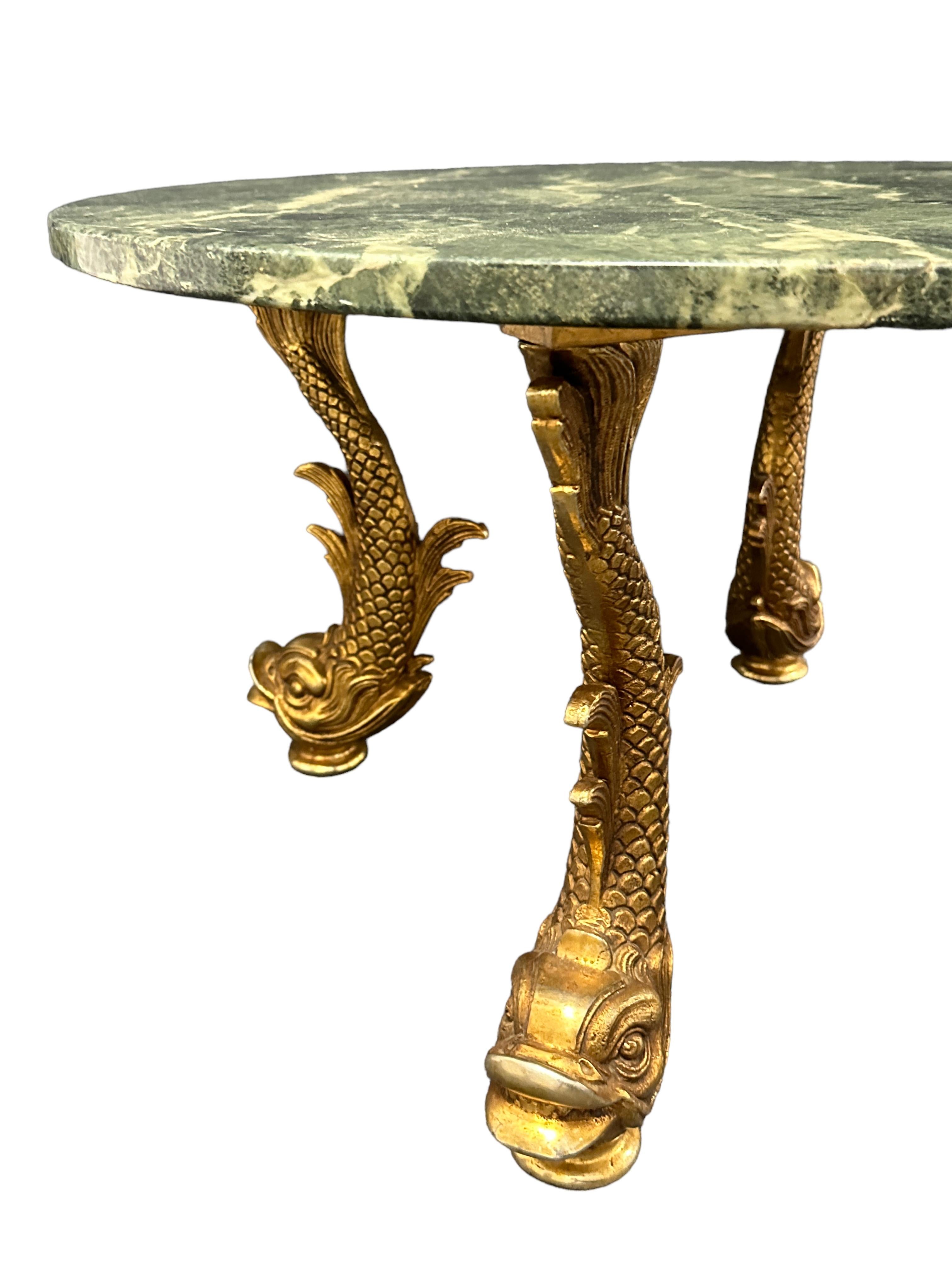Belgian Bronze Dolphin Feet Green Marble Top Side Coffee Cocktail Table, 1980s Belgium  For Sale