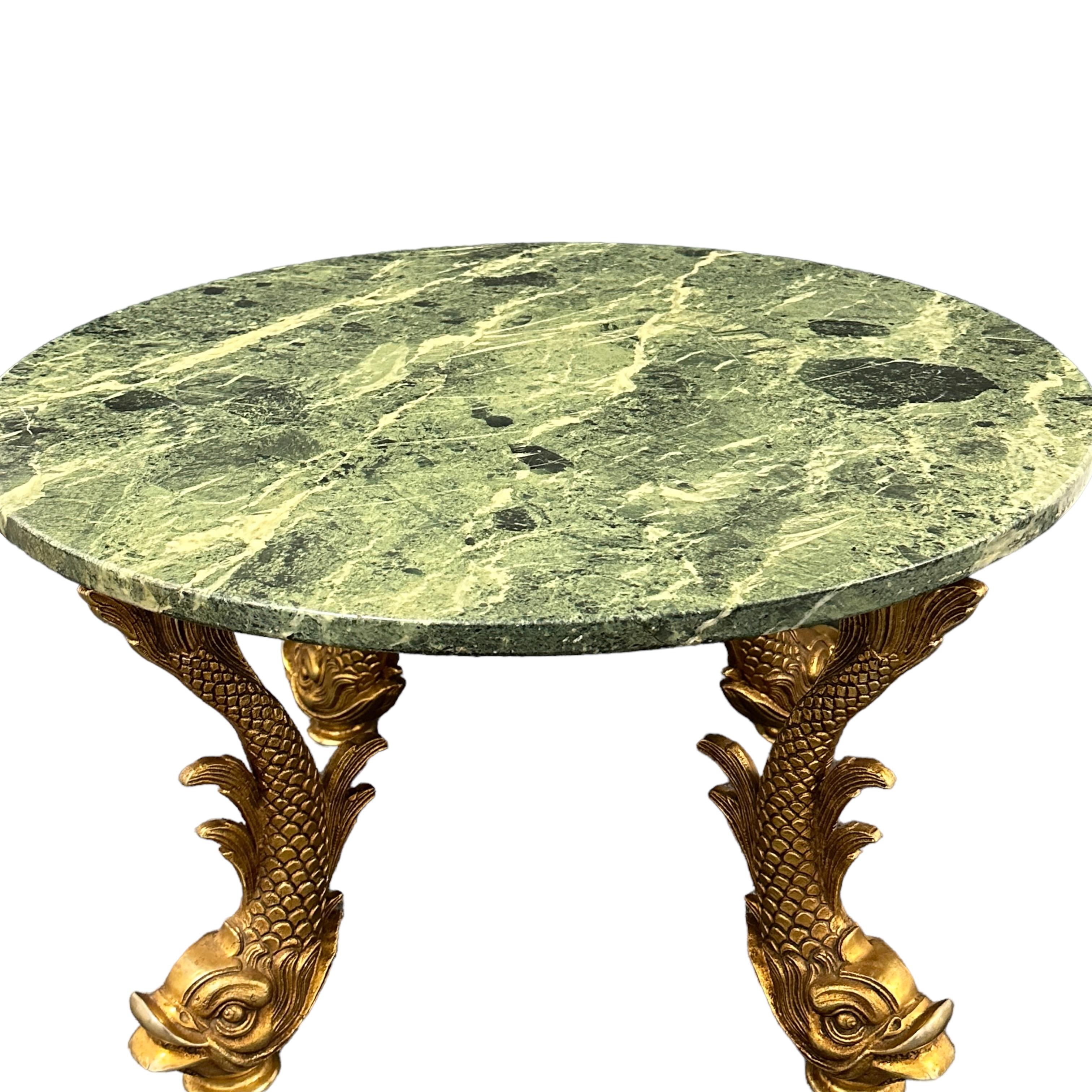 Bronze Dolphin Feet Green Marble Top Side Coffee Cocktail Table, 1980s Belgium  For Sale 1