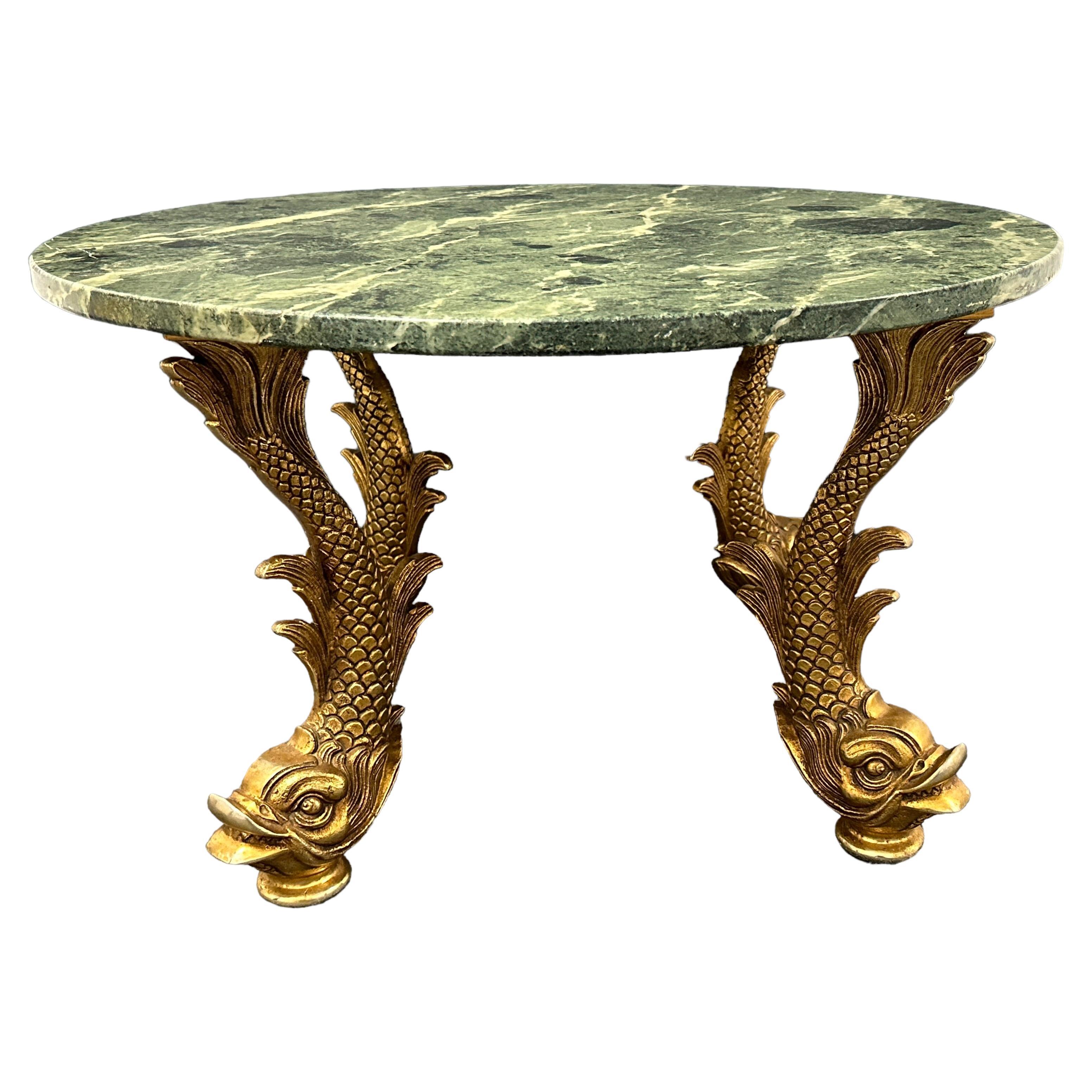 Bronze Dolphin Feet Green Marble Top Side Coffee Cocktail Table, 1980s Belgium  For Sale