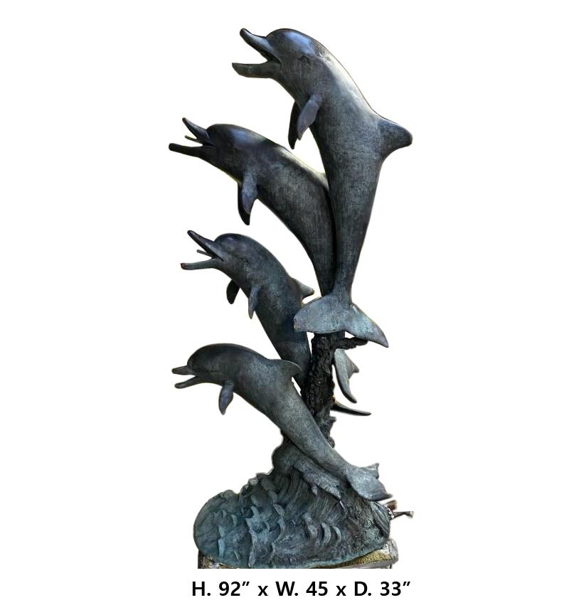 Monumental bronze dolphin group Fountain, well made and proportioned, weathered green patina 
The fountain can also be used as a garden ornament
pipes are connected only need a contractor to install a new bump.
Measures: H. 92