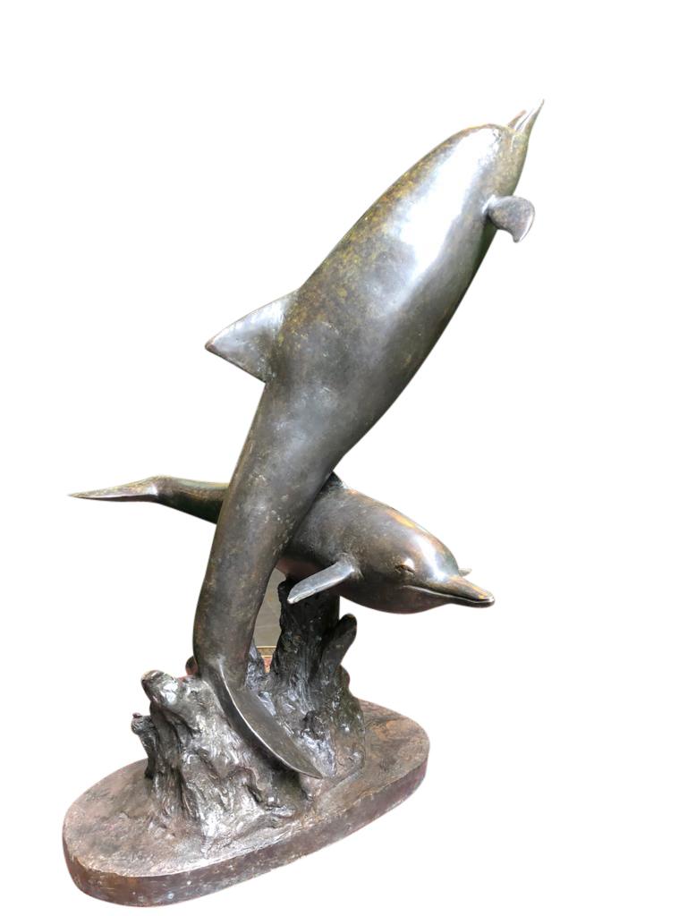 Bronze dolphin statue, pair dolphins porpoise, 20th century. Gorgeous pair of bronze dolphins perfect for the garden. Good size at 34 inches - 88 cm tall. Can live outside with no fear of rusting with great patina. Stunning for the home decoration