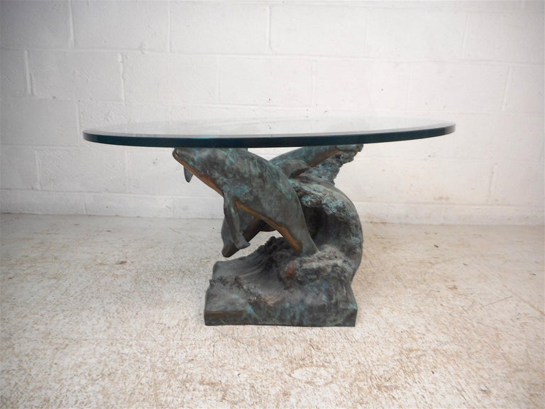 American Bronze Dolphins on a Wave Sculptural Coffee Table For Sale