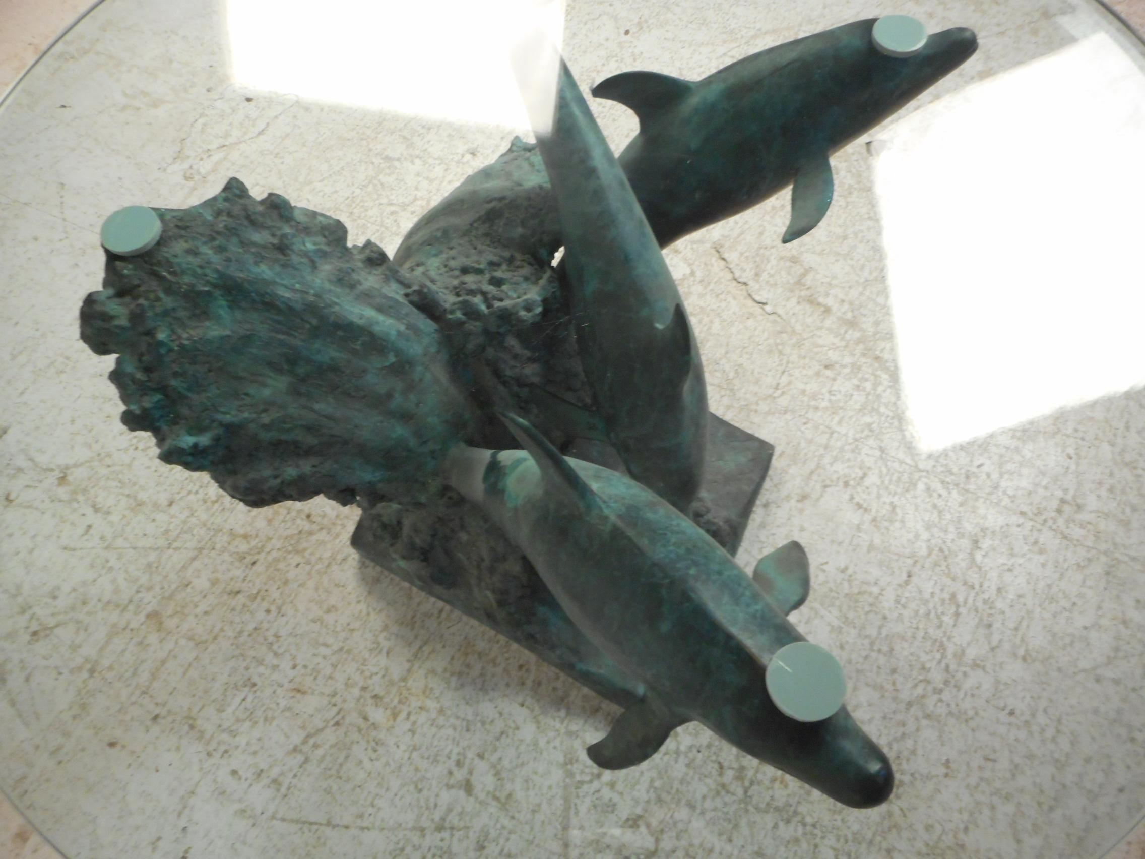 American Bronze Dolphins on a Wave Sculptural Coffee Table