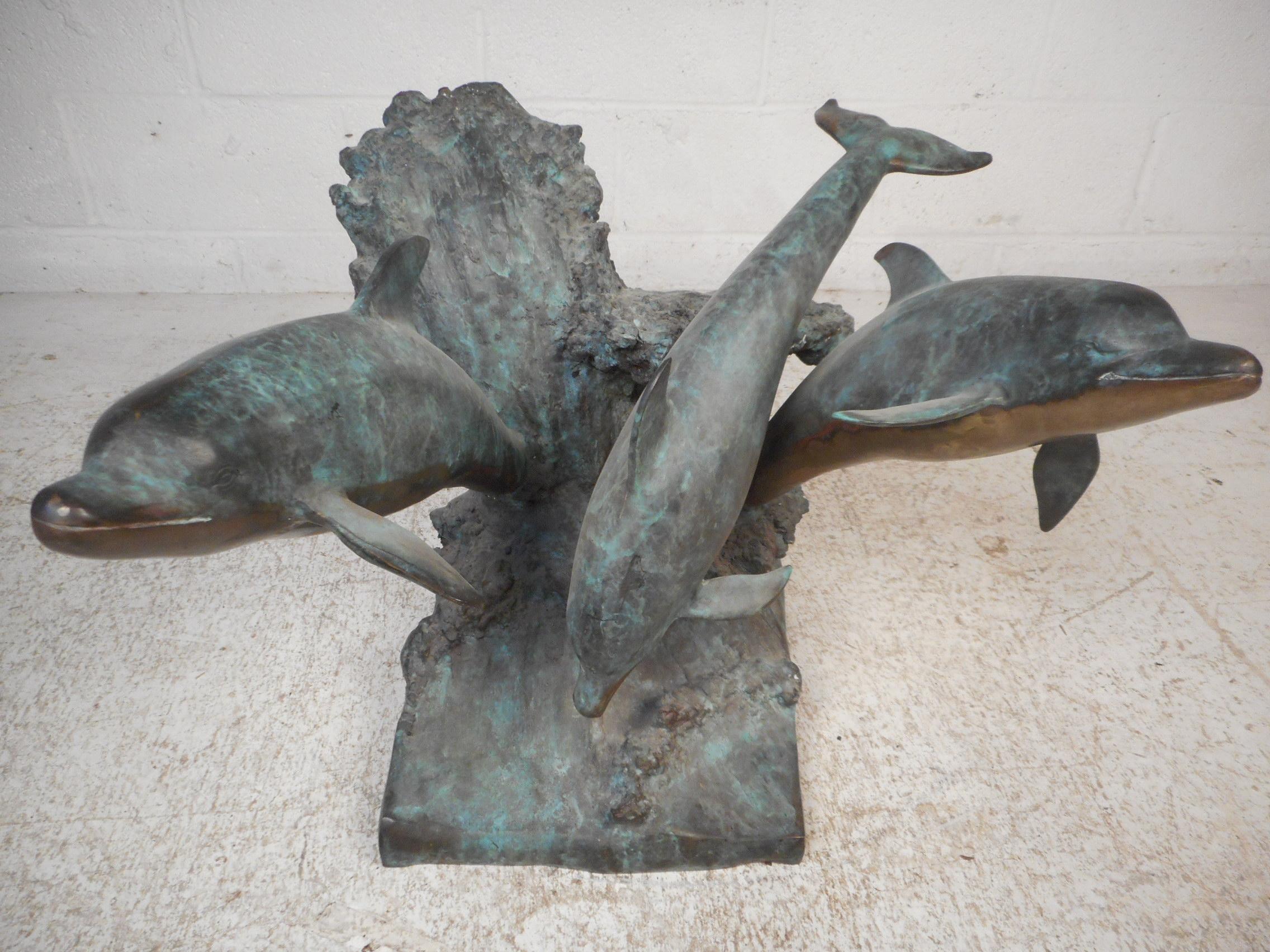 20th Century Bronze Dolphins on a Wave Sculptural Coffee Table