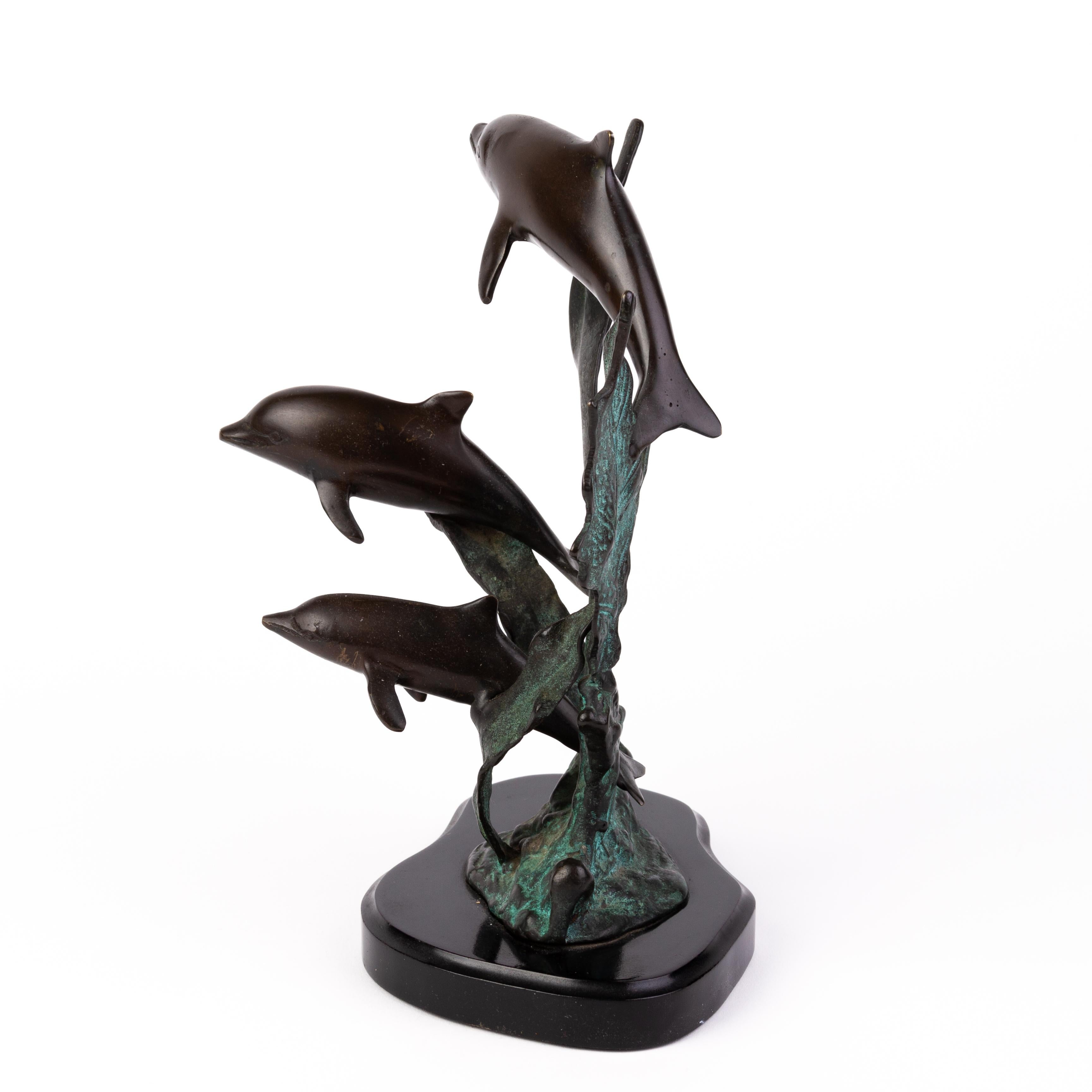 20th Century Bronze Dolphins Sculpture on Marble Base 
