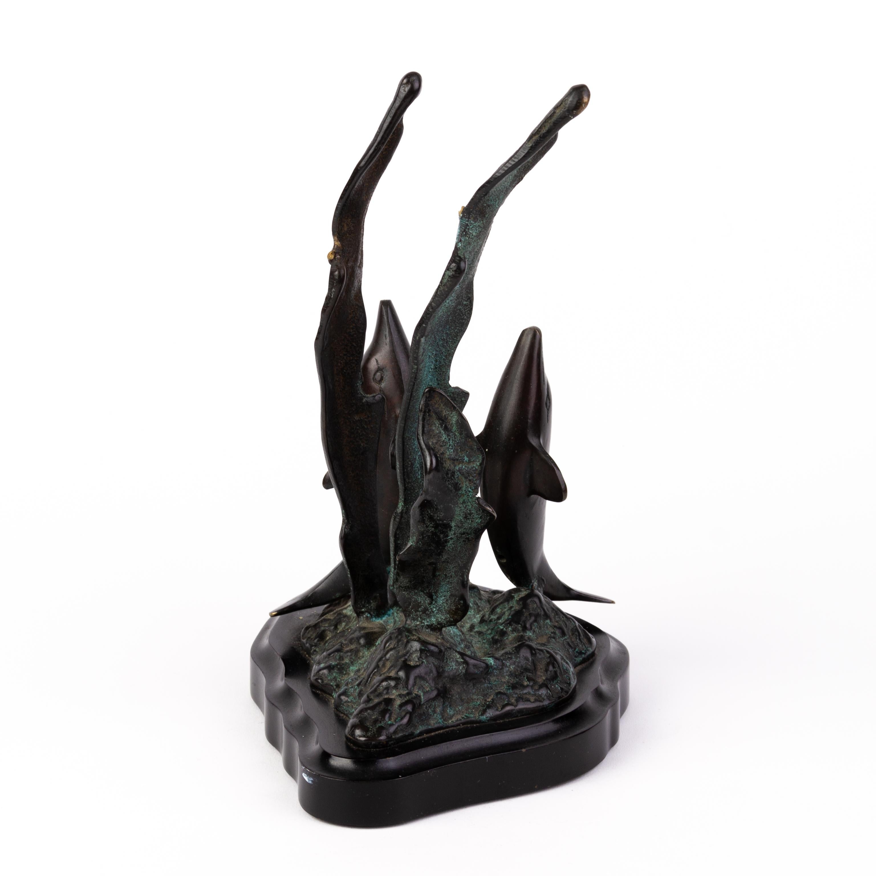 20th Century Bronze Dolphins Sculpture on Marble Base 