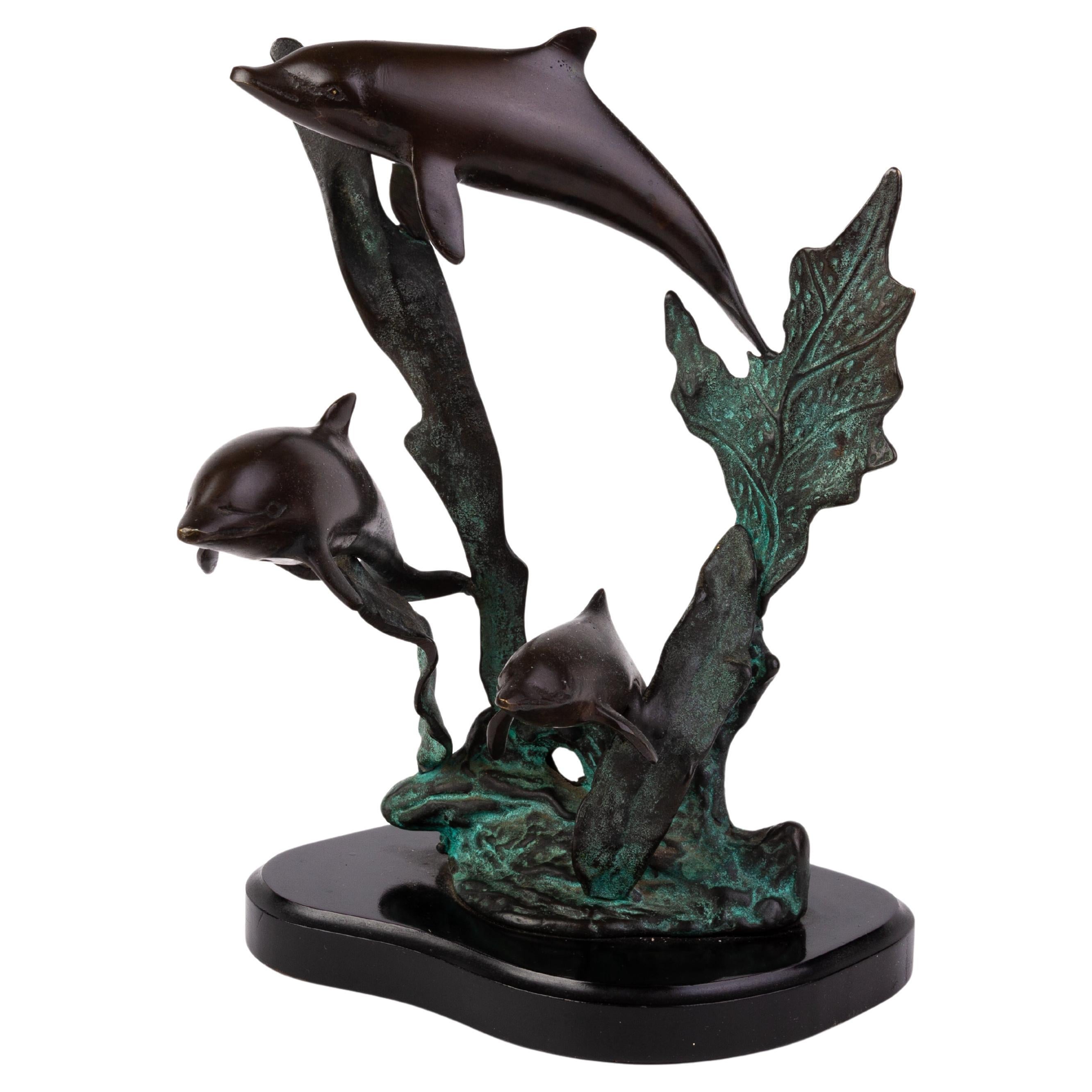 Bronze Dolphins Sculpture on Marble Base 