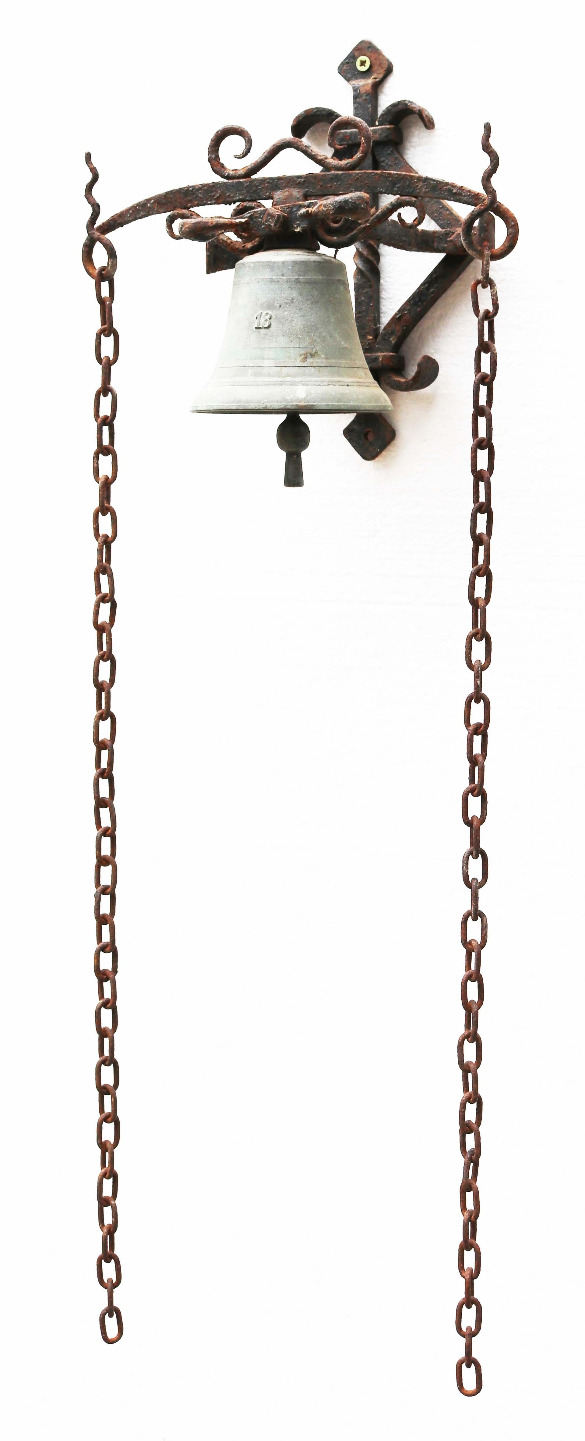 English Bronze Door Bell with Wrought Iron Bracket