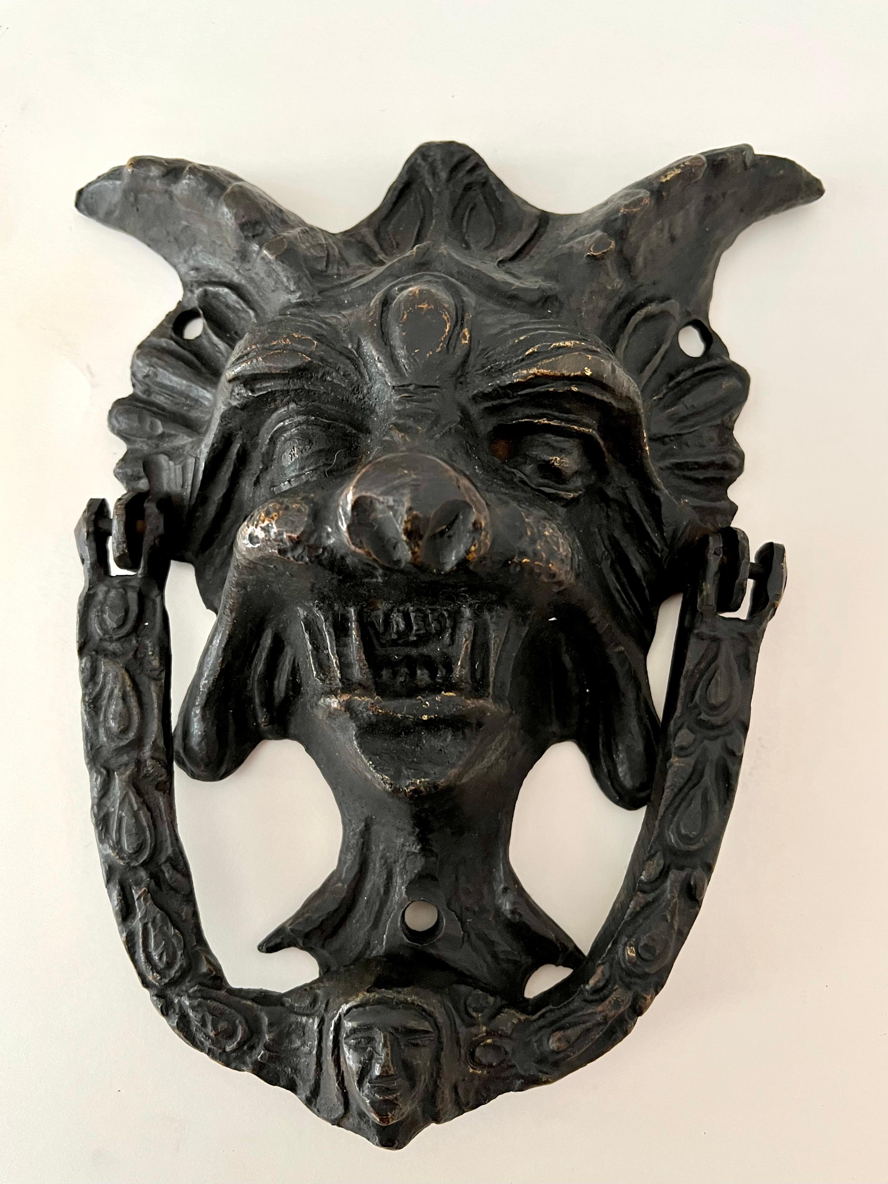 European Bronze Door Knocker with Gargoyle For Sale