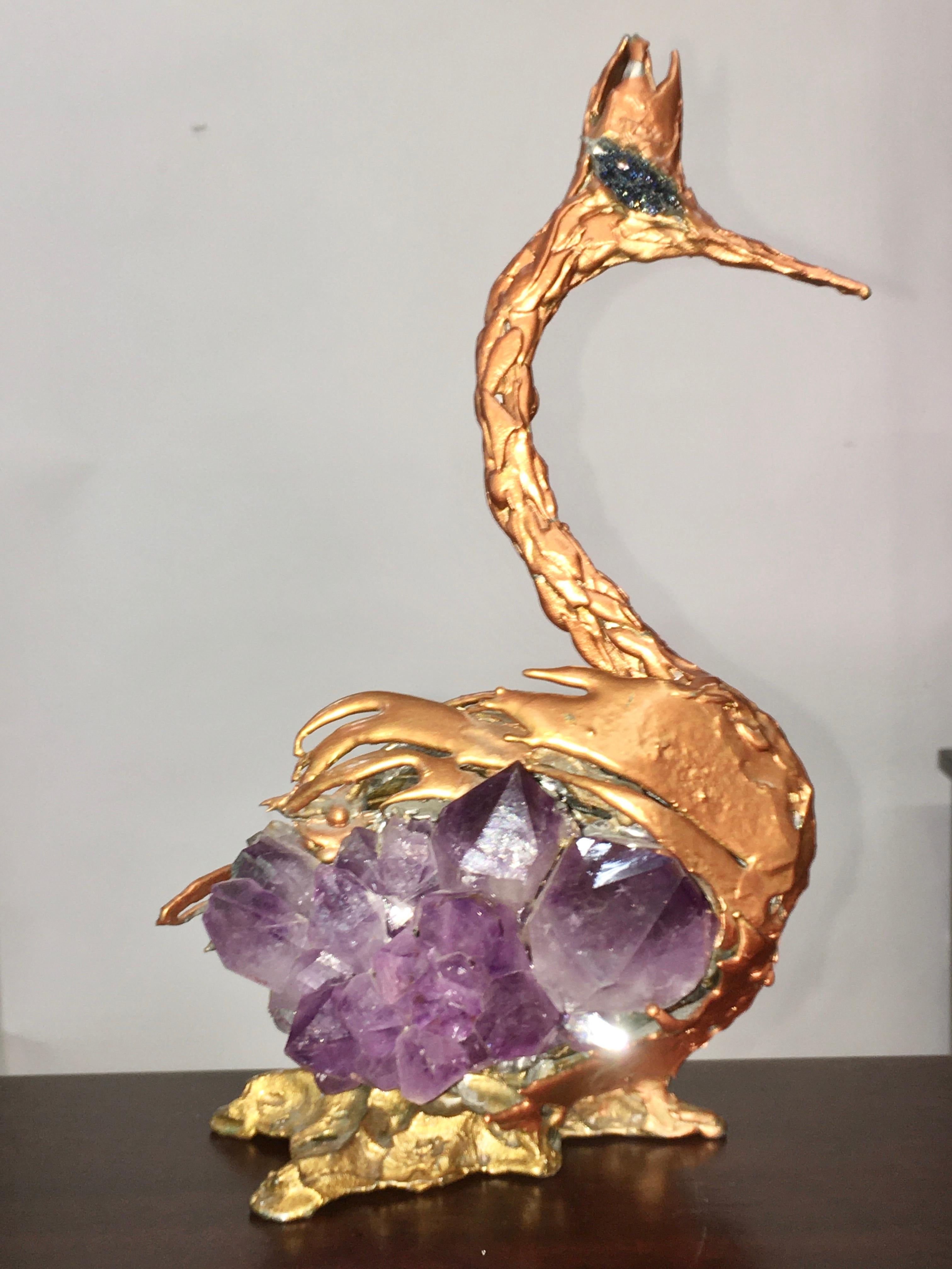 Bronze Doré & Amethyst Sculpture of a Heron Attributed to Jacques Duval-Brasseur For Sale 5