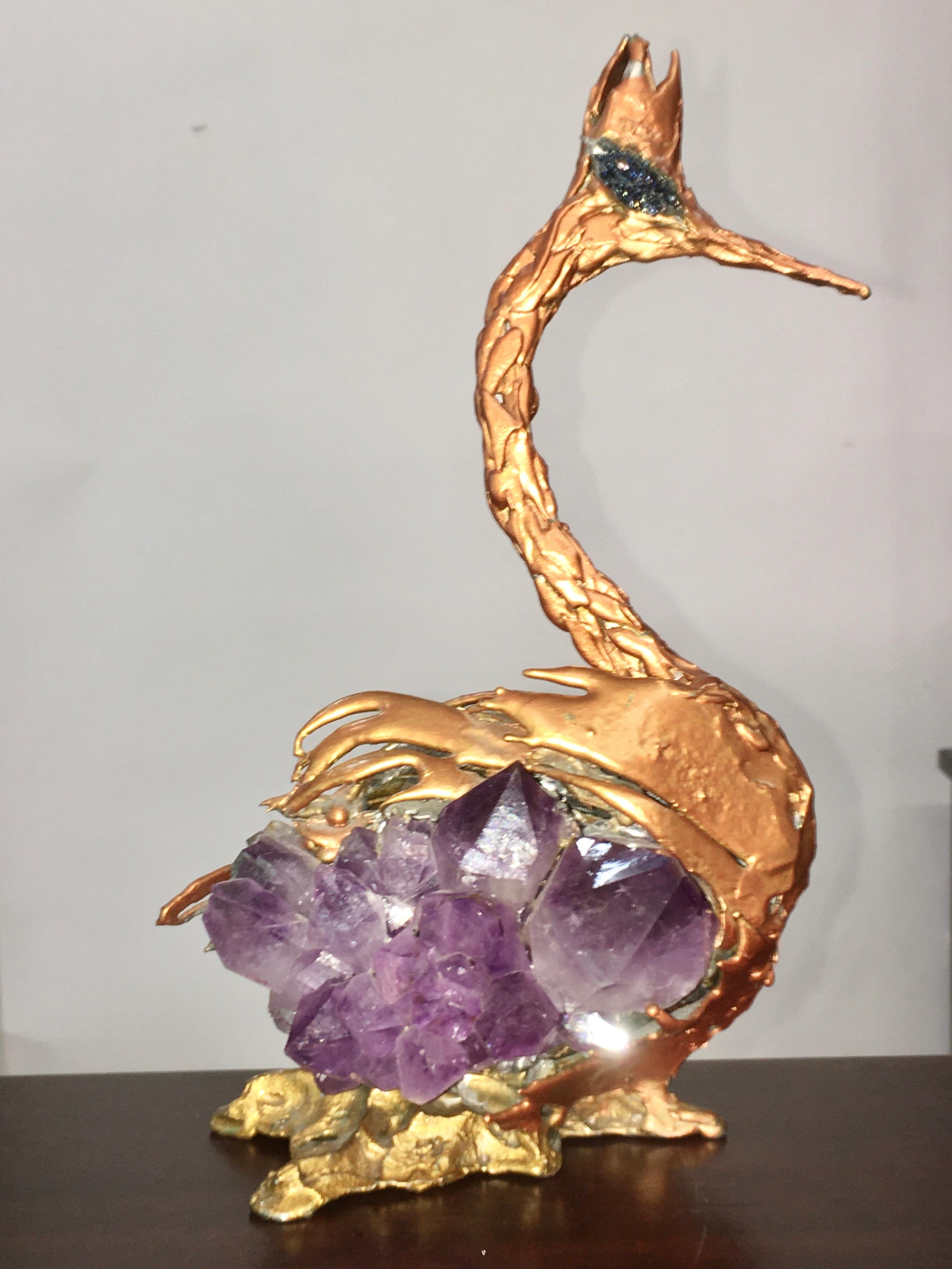 Bronze Doré & Amethyst Sculpture of a Heron Attributed to Jacques Duval-Brasseur 5