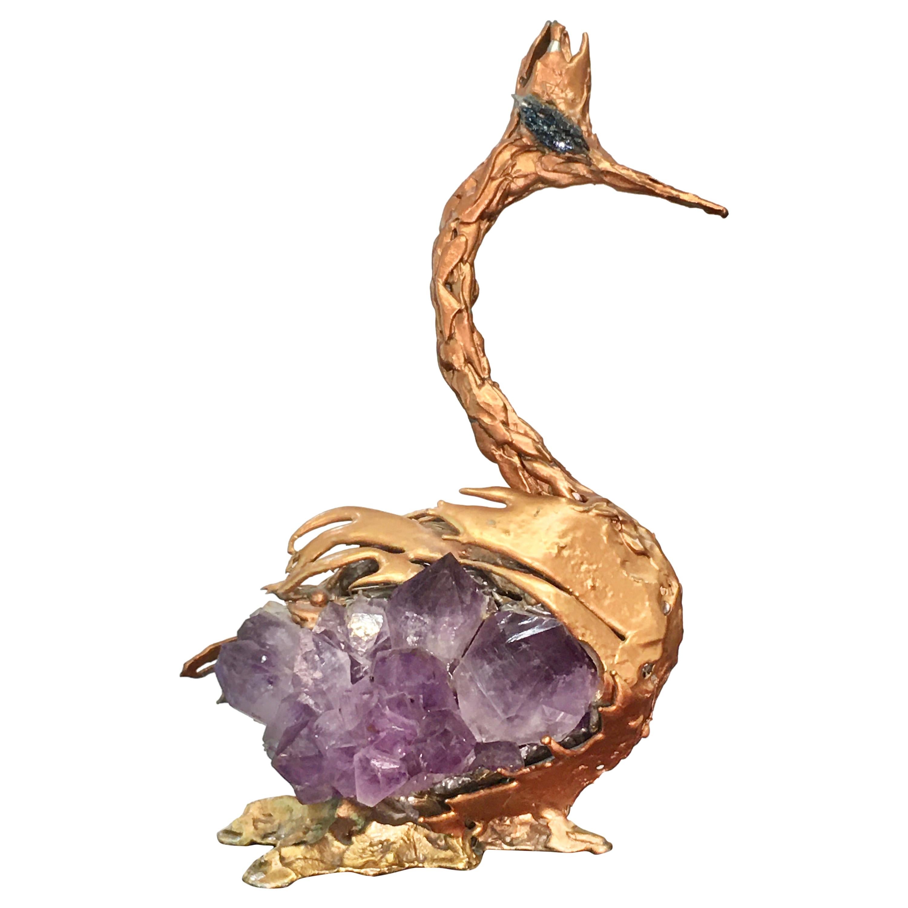 Bronze Doré & Amethyst Sculpture of a Heron Attributed to Jacques Duval-Brasseur For Sale