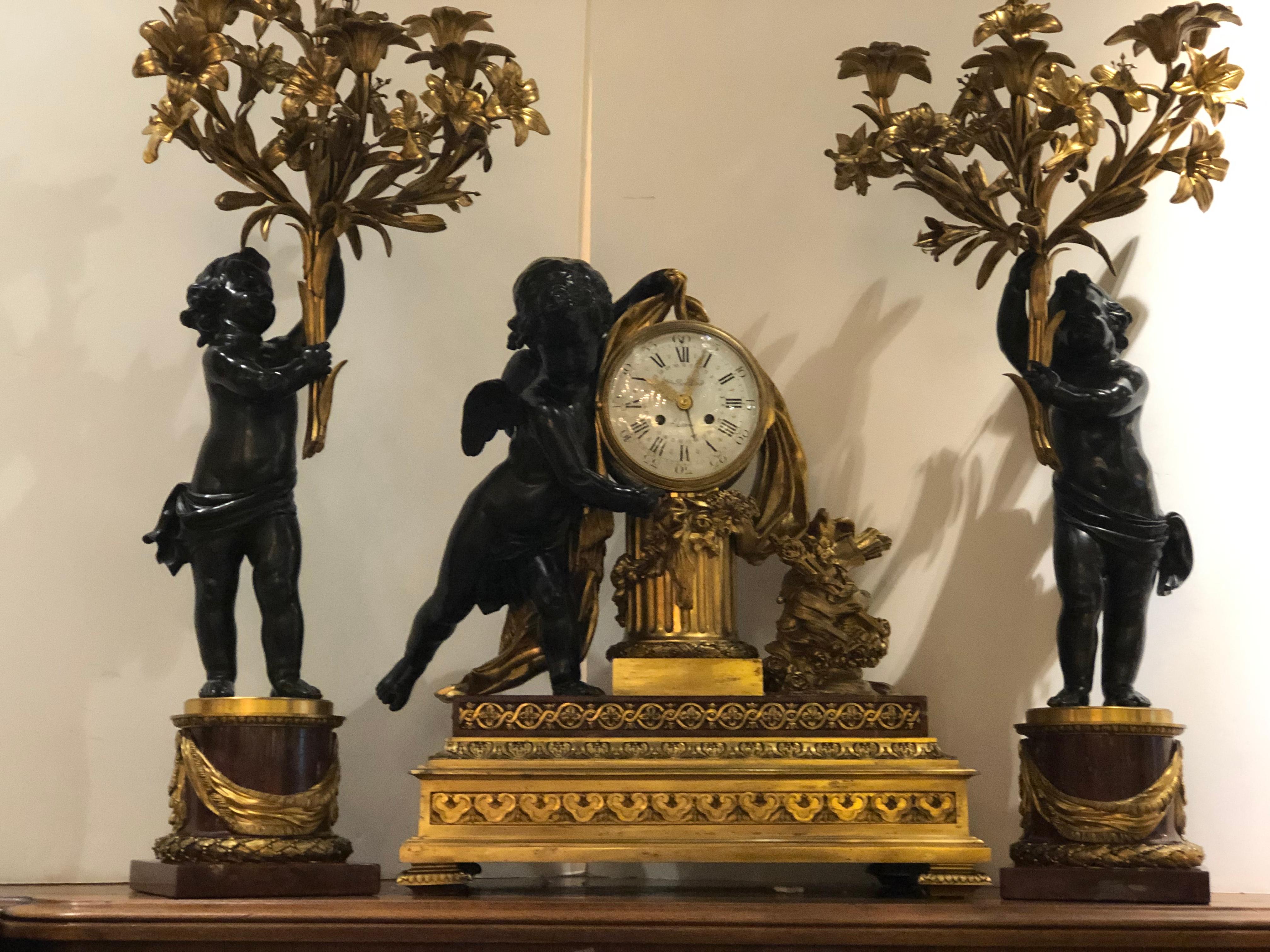 Gilt Bronze Doré and Rouge Marble Clock Garniture Set by Ferdinand Berthoud For Sale