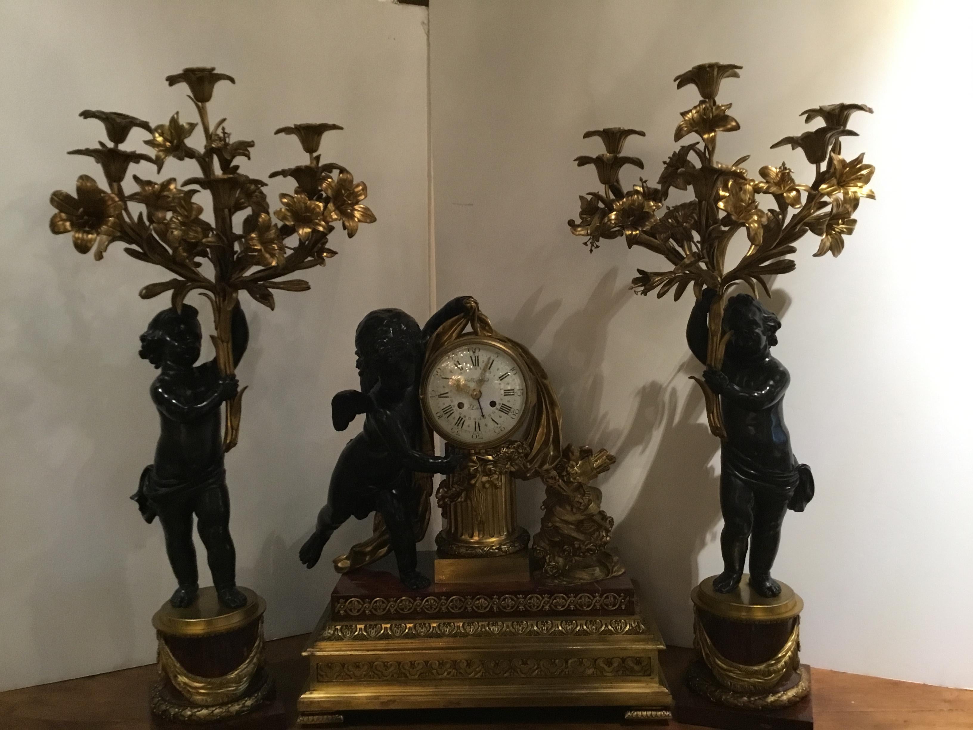 Bronze Doré and Rouge Marble Clock Garniture Set by Ferdinand Berthoud In Good Condition For Sale In Houston, TX